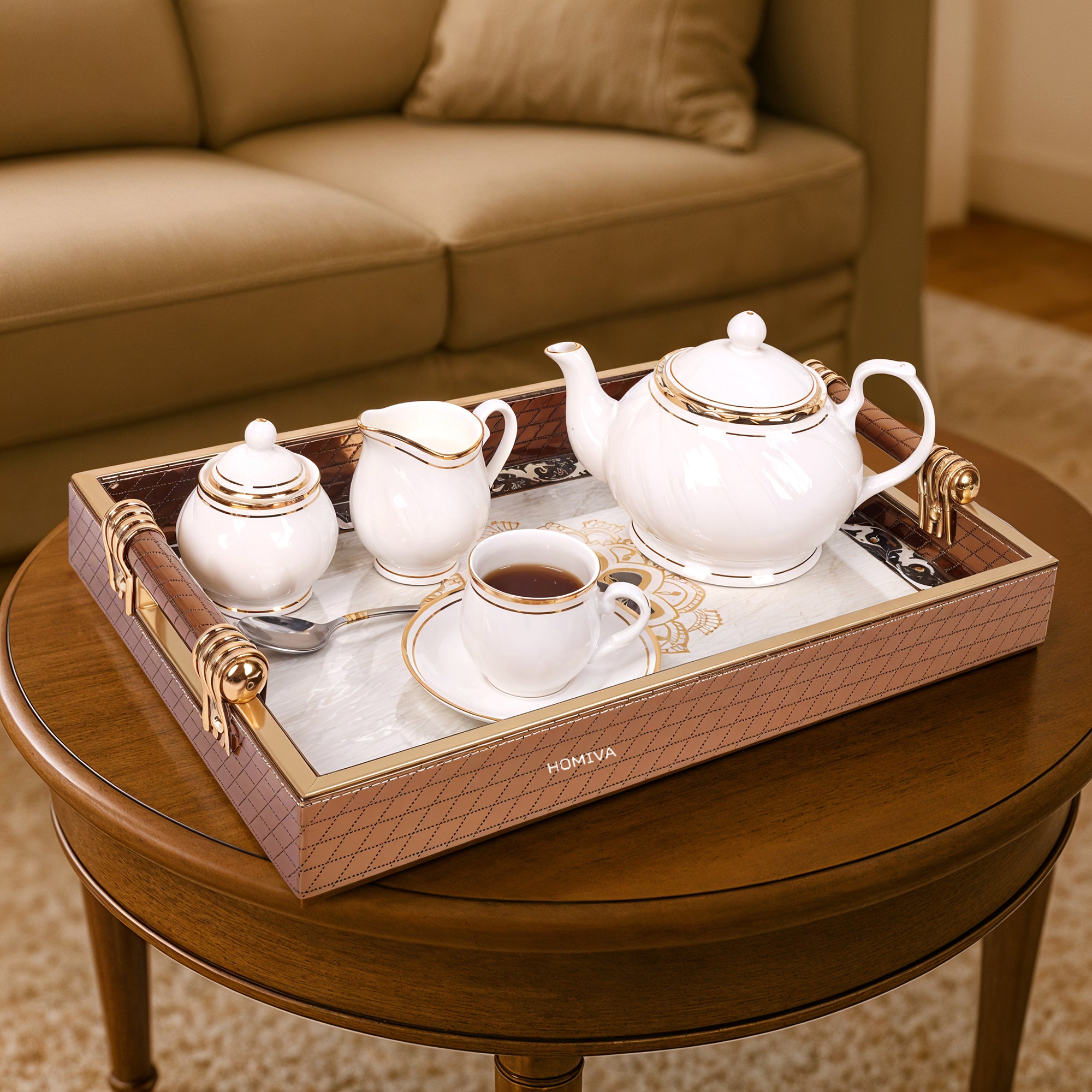 HOMIVA 4-Piece Decorative Tray & Organizer Set, Serving Trays, Tissue Box, Remote Holder - Brown