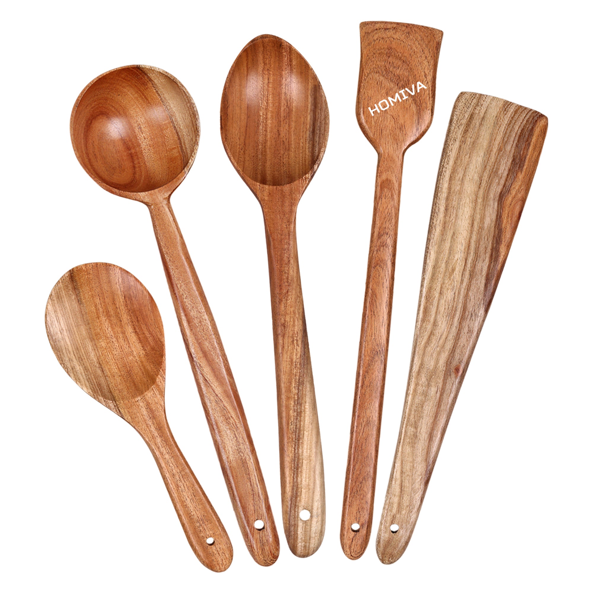 HOMIVA Neem Wood Spatula 5 Pcs Set, Non-Stick Safe Cooking Utensils – (Fish Spatula, Turner, Wooden Spoon Spatula, Serving Spatula & Soup Spatula)