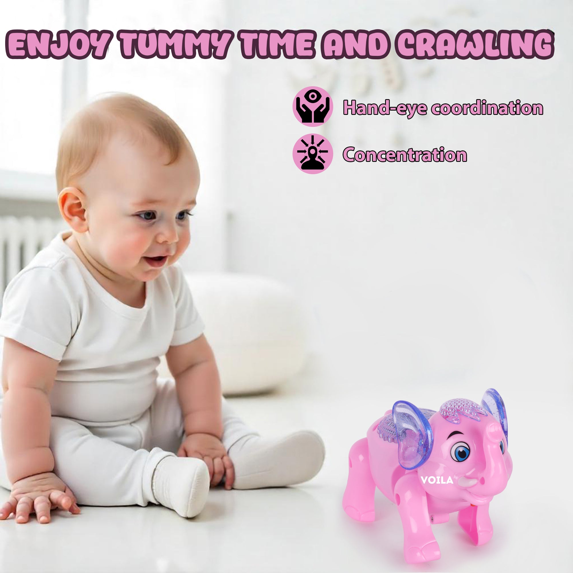 VOILA Baby Elephant Musical Crawling Toy with Lights, Sound,Toddler Toys,for Kids Boys & Girls (Pink)