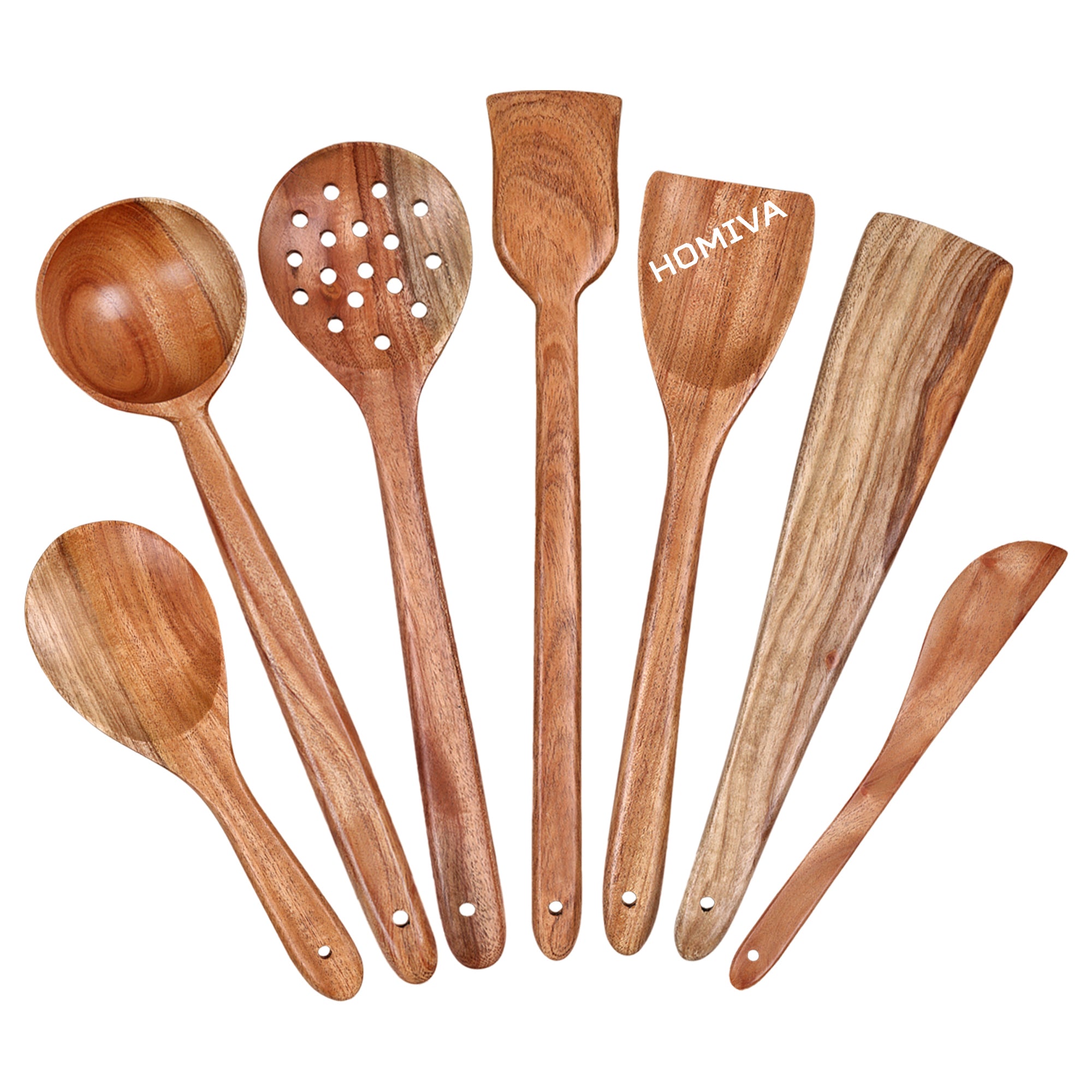 HOMIVA Neem Wood Spatula 7-Pcs Set, Non-Stick Safe Cooking Utensils (Spreader, Fish Spatula, Scraping Spatula, Spoon Spatula, Slotted Spatula, Serving Spatula & Soup Spatula )