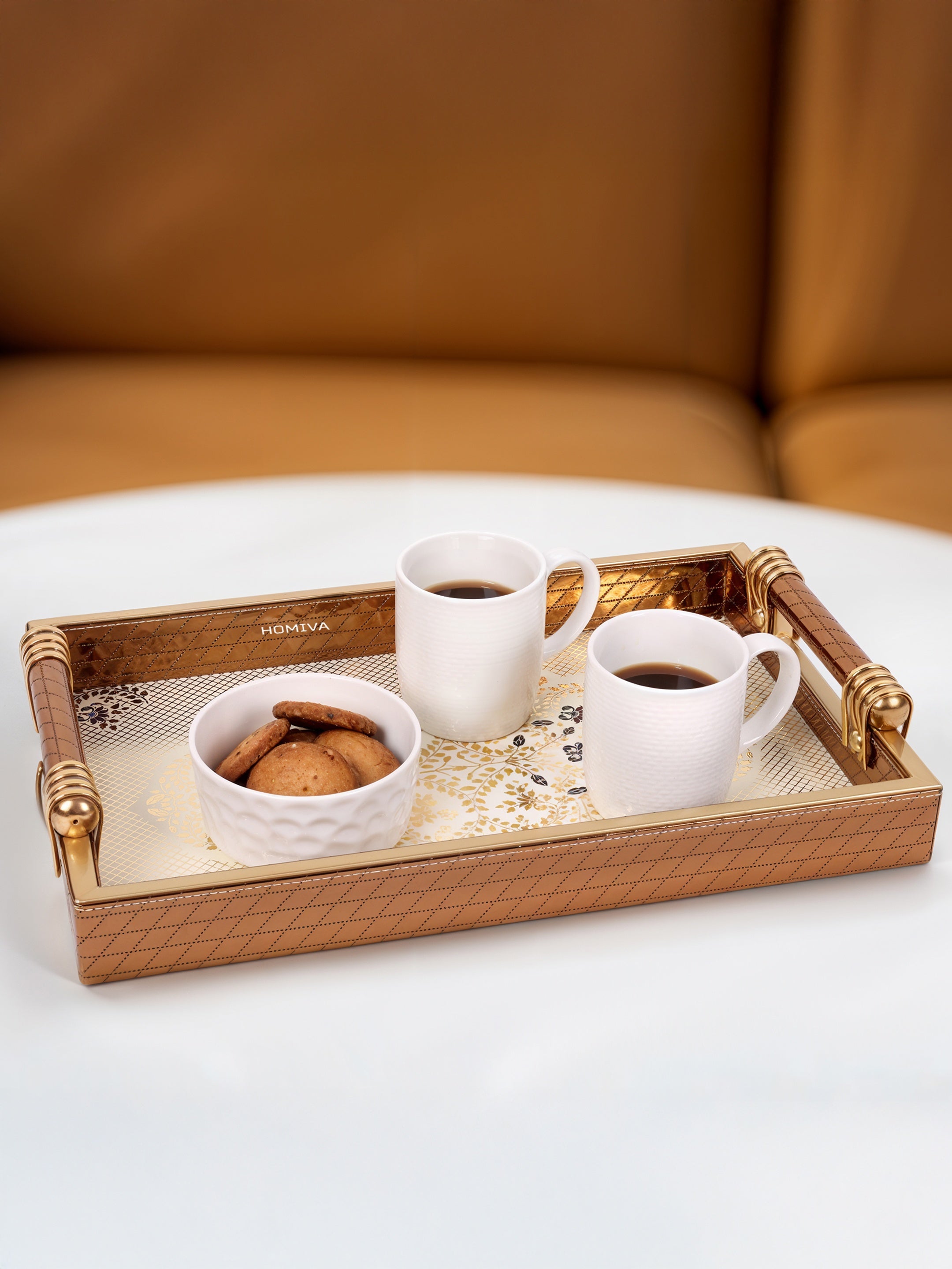HOMIVA Luxury Faux Leatherette Serving Tray with Handles, Elegant Design with Gold Accents (Small)