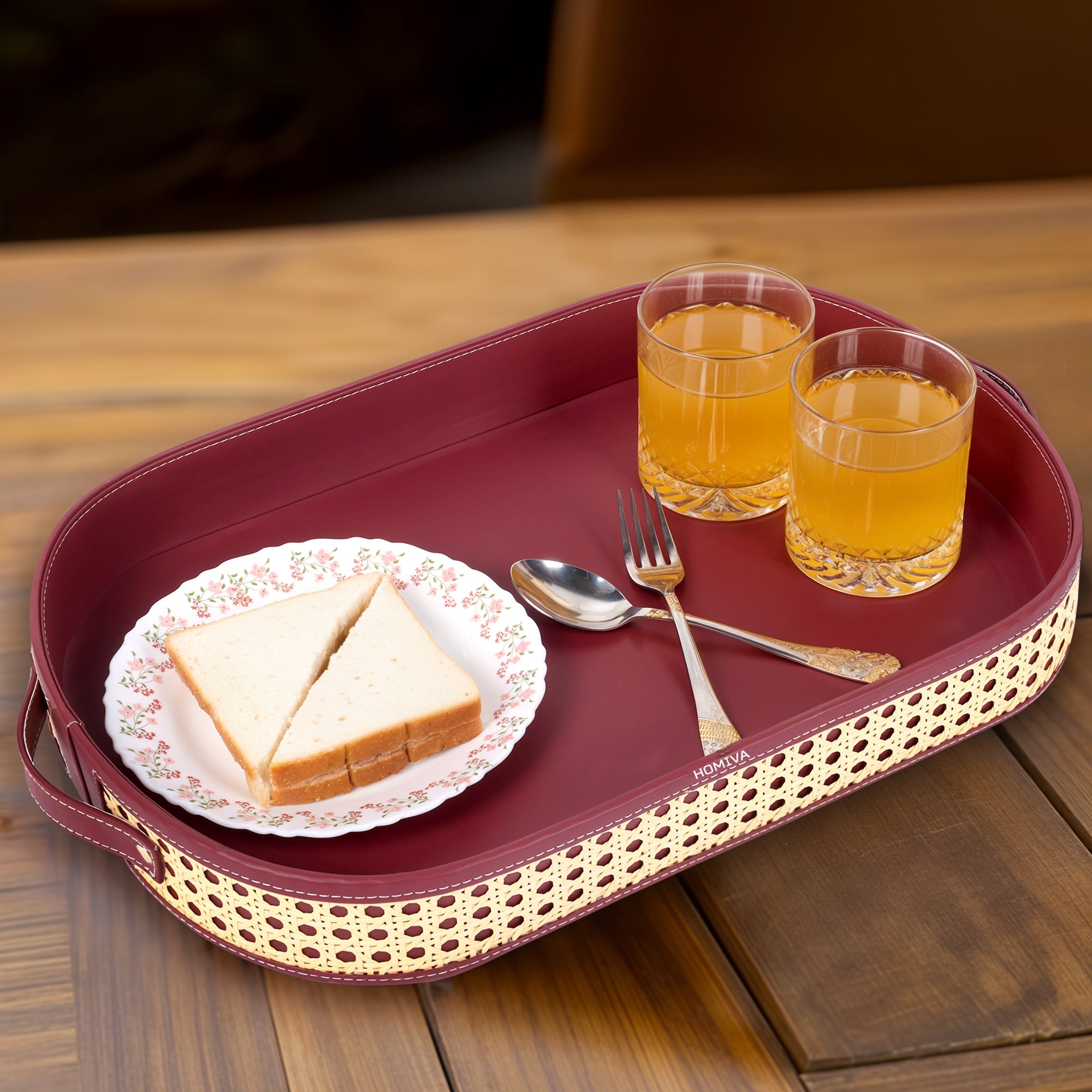 HOMIVA Set of 2 Oval Faux Leatherette Decorative Trays – Maroon & Beige
