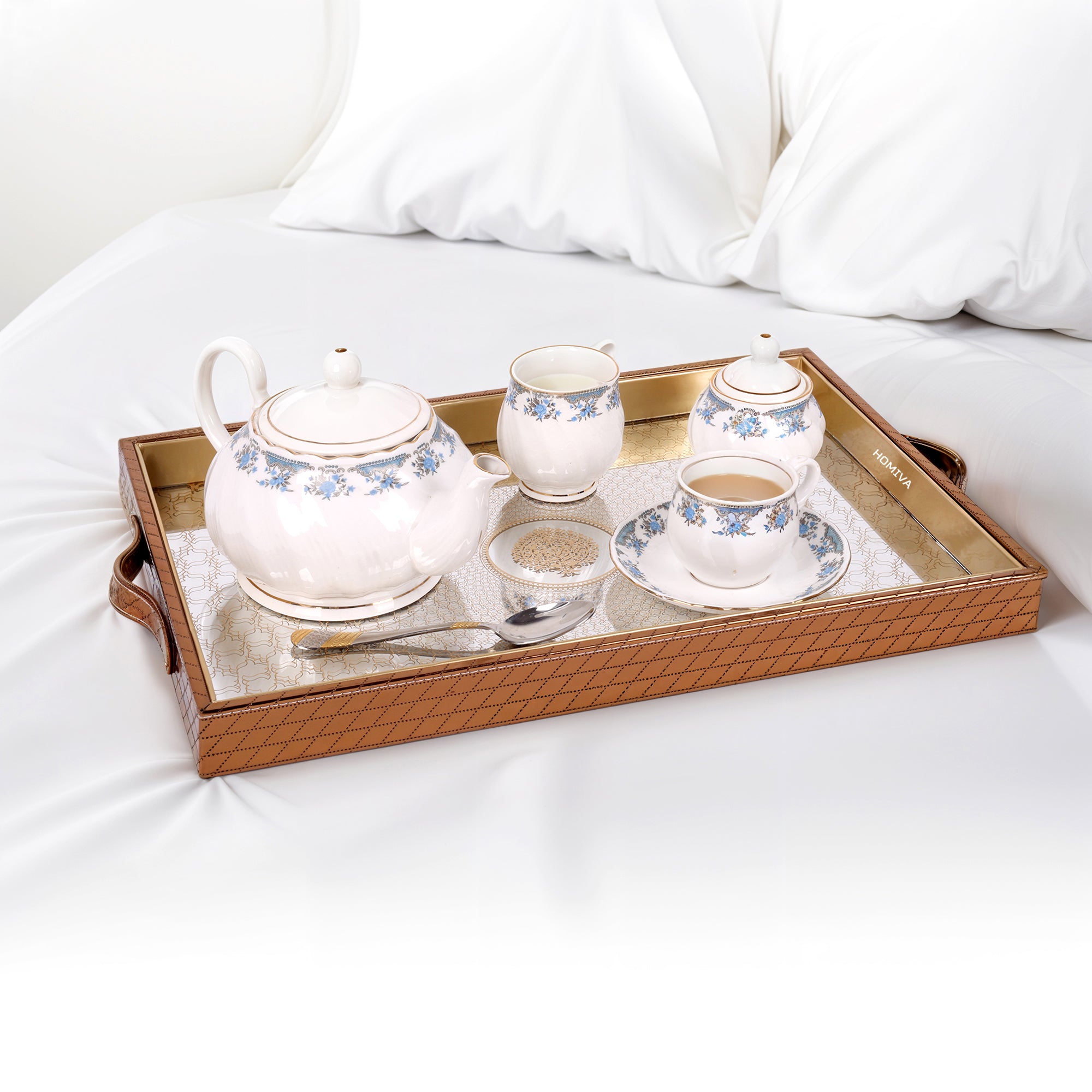 HOMIVA Set of 2 Rectangular Faux Leatherette Trays with Side Handles – Chocolate Brown