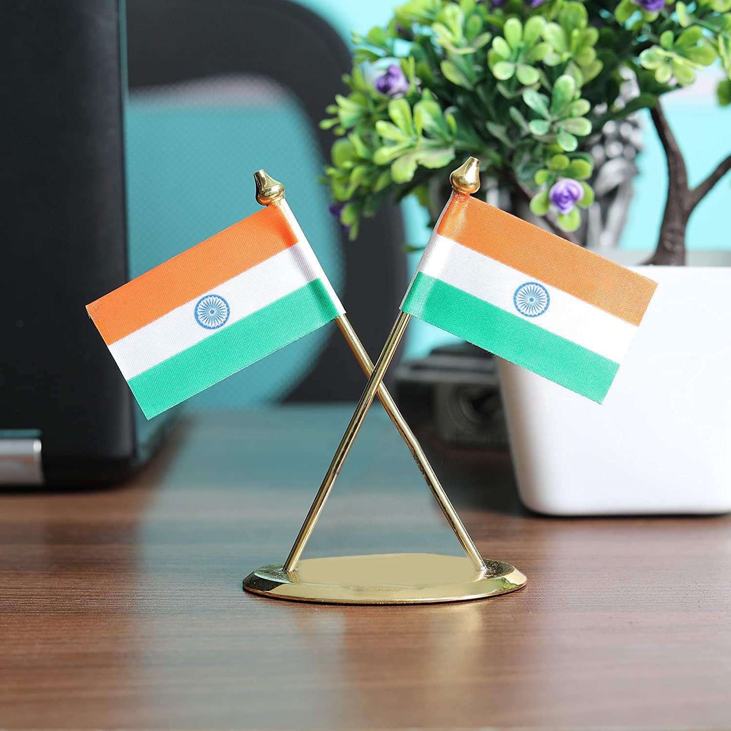VOILA Indian Flag for Vehicle (Auto,Car,Bus,Truck) Dashboard and Office Table Premium Brass Round Base