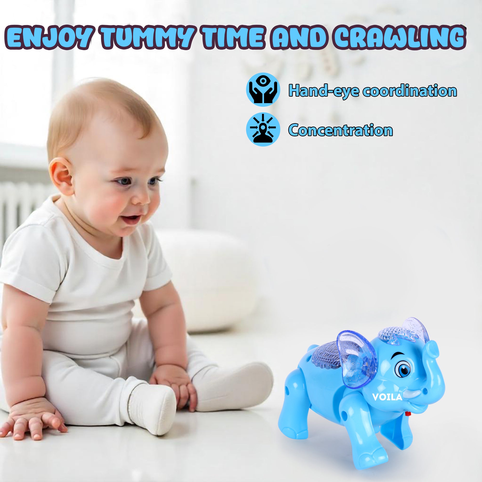 VOILA Baby Elephant Musical Crawling Toy with Lights, Sound,Toddler Toys,for Kids Boys & Girls(Blue)