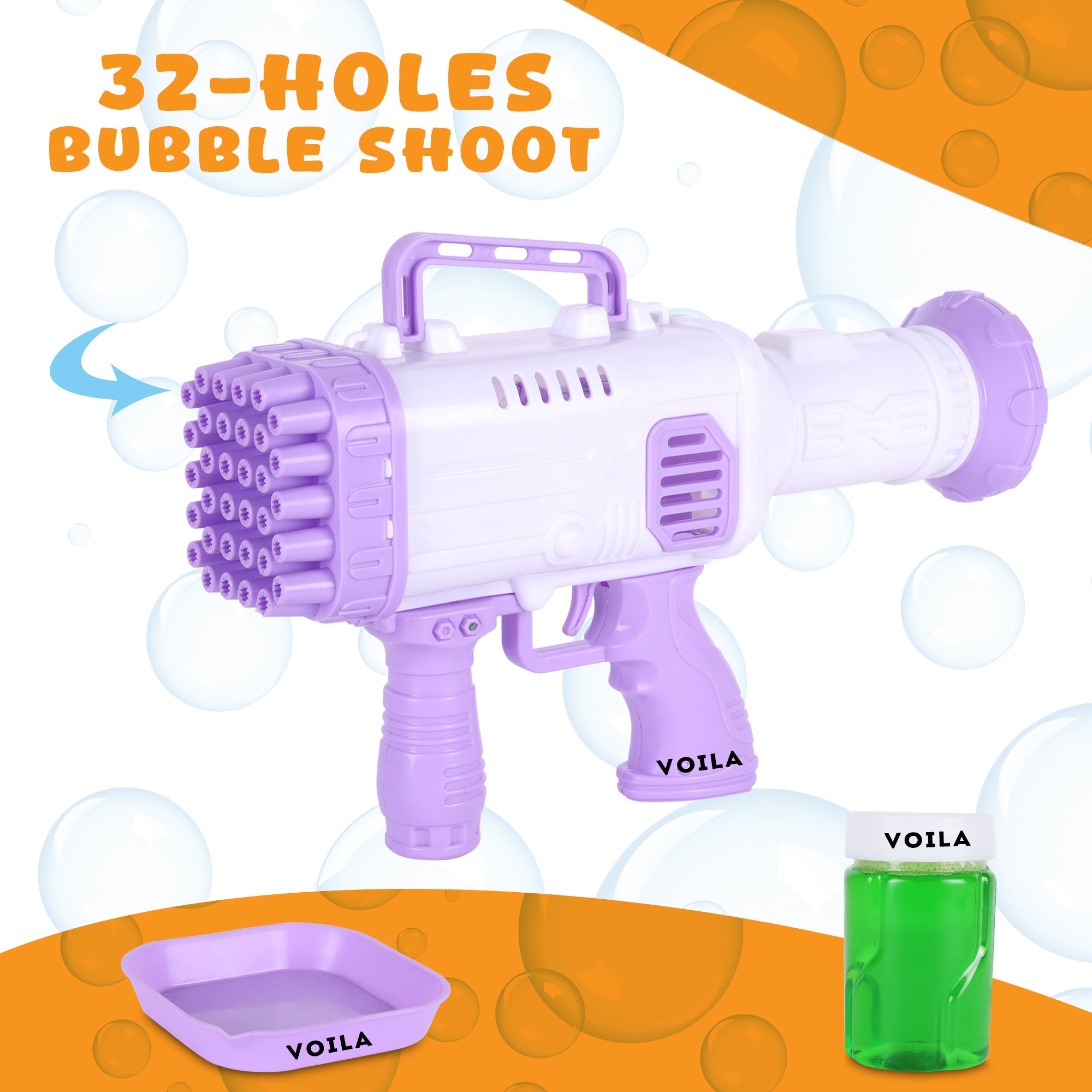 VOILA 32 - Hole Gatling Bubble Gun – Fun Bubble Launcher Toy for Kids, Toddlers, Boys & Girls