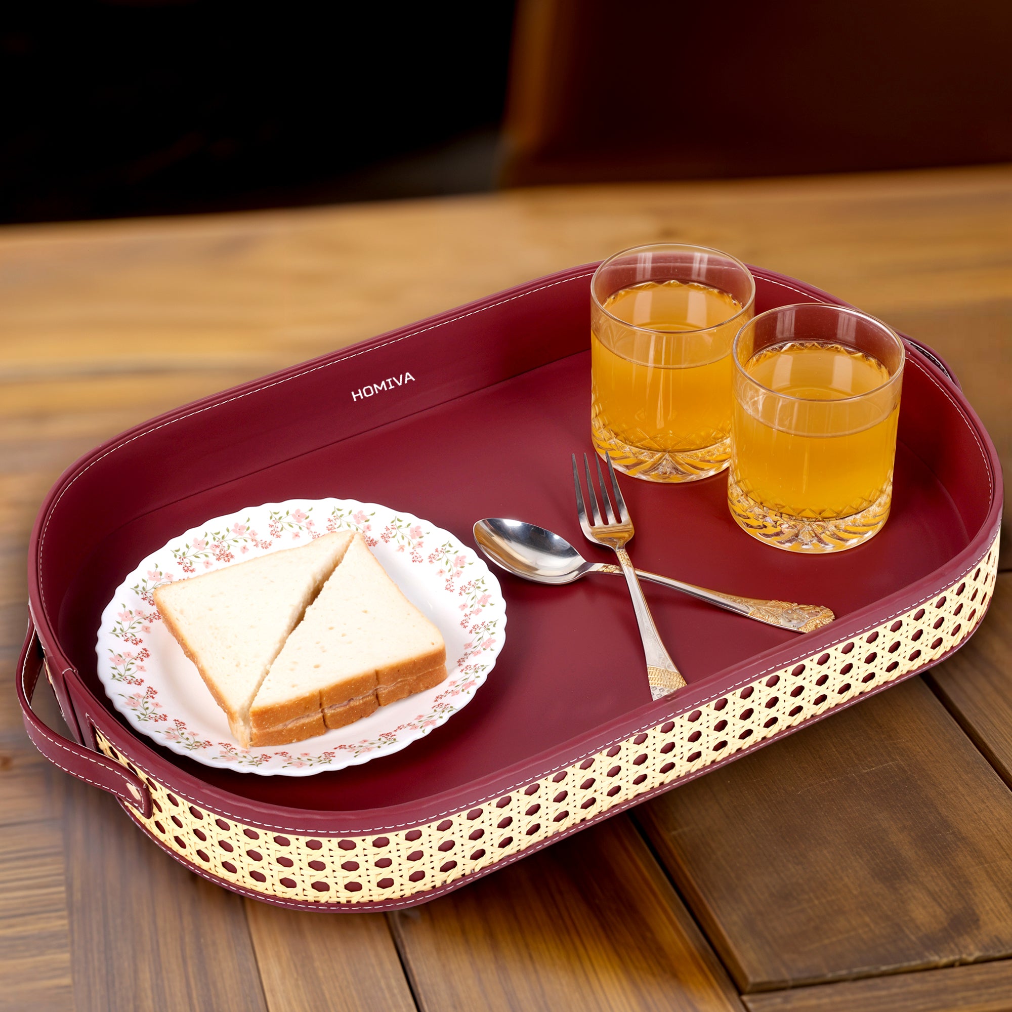 HOMIVA Oval Faux Leather Serving Tray with Cane Design & Handles (Large) – Maroon & Beige