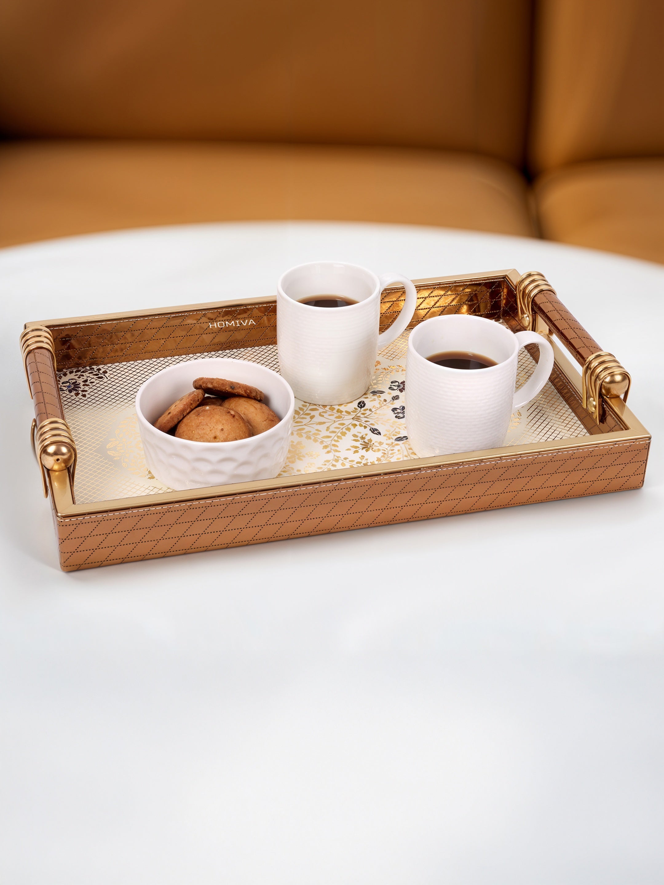 HOMIVA Luxury Faux Leather Serving Tray with Handles,Elegant Design with Gold Accents- Set of 2