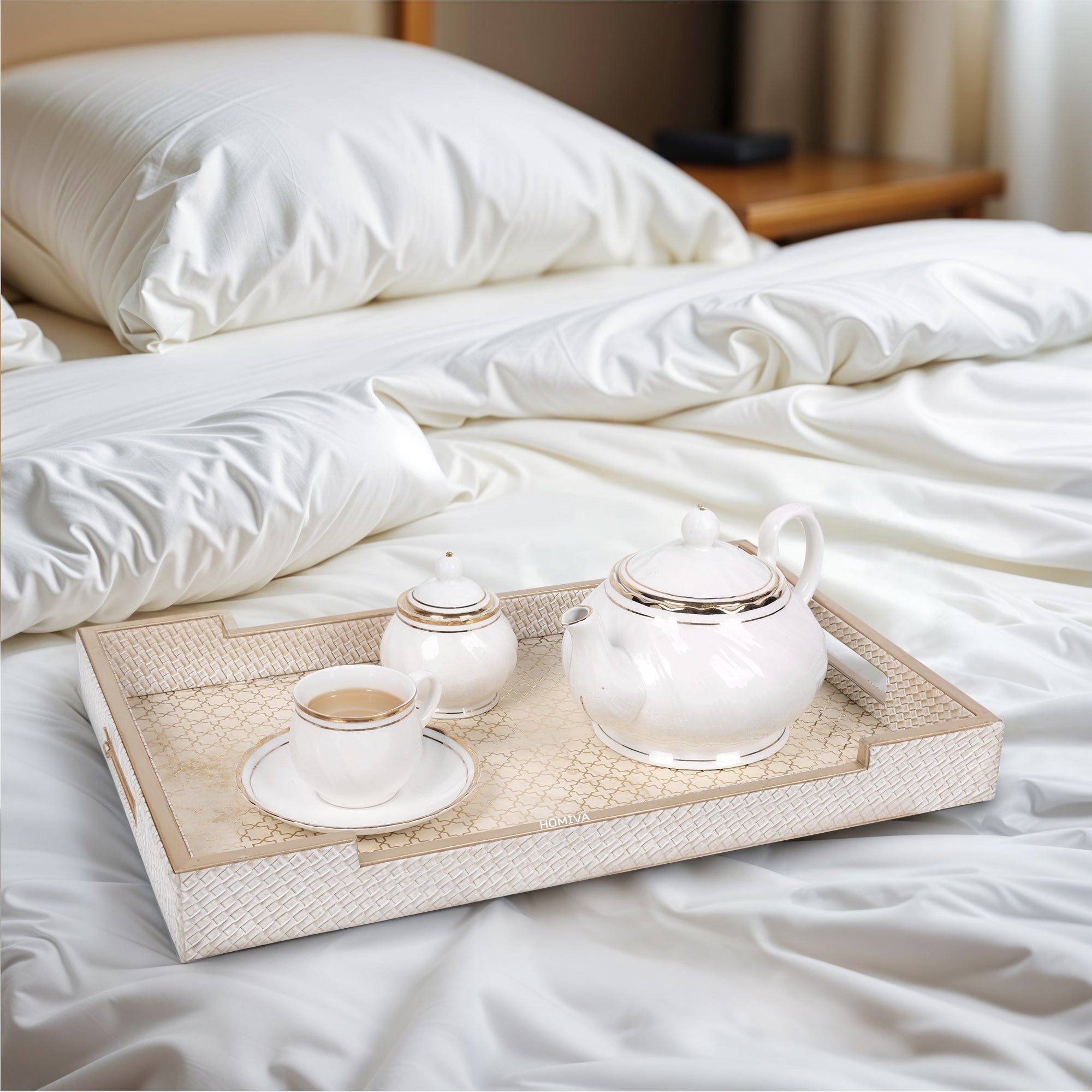 HOMIVA Luxury Leatherette Set – 2 Serving Trays, Spoon Holders & Multipurpose Paper Tray - Beige & Gold