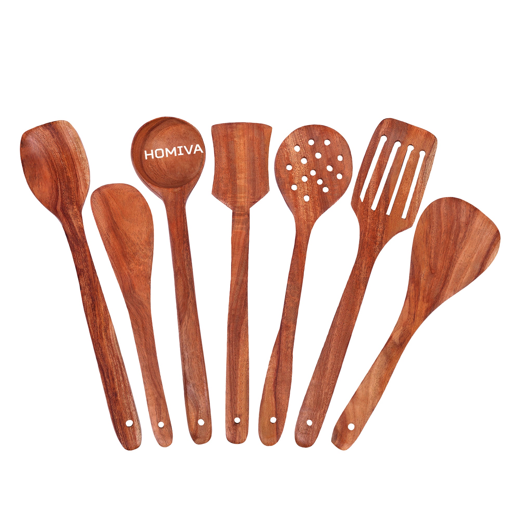 HOMIVA Neem Wood Spatula 7-Pcs Set, Non-Stick Safe Cooking Utensils (Serving Spoon, Mixing Spoon ,Soup Ladle, Stirring Spatula, Slotted Spoon & Serving Spatula)
