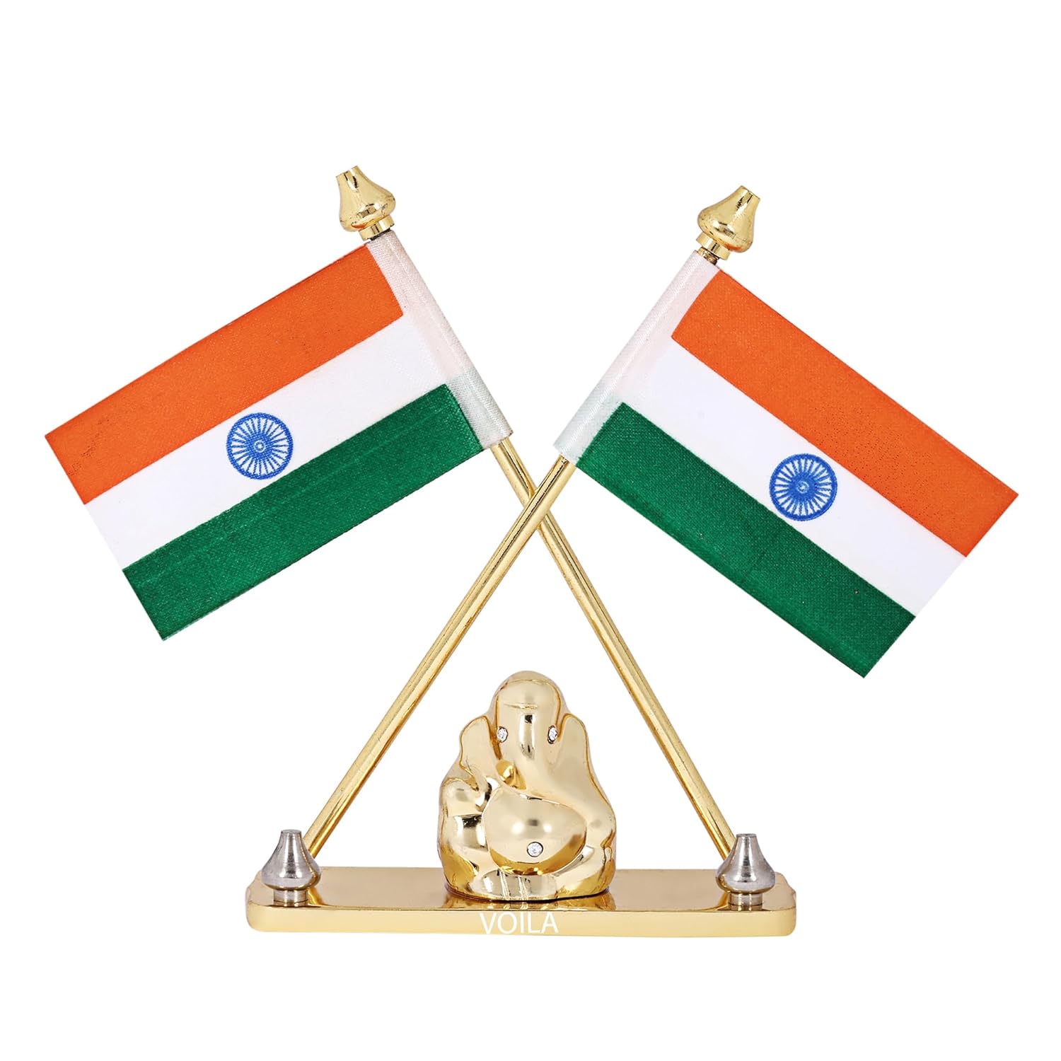 VOILA Indian Flag for Vehicle (Auto, Car, Bus, Truck) Dashboard & Office Gift Purpose Flag with Lord Ganesha Idol in Brass Metal Stand