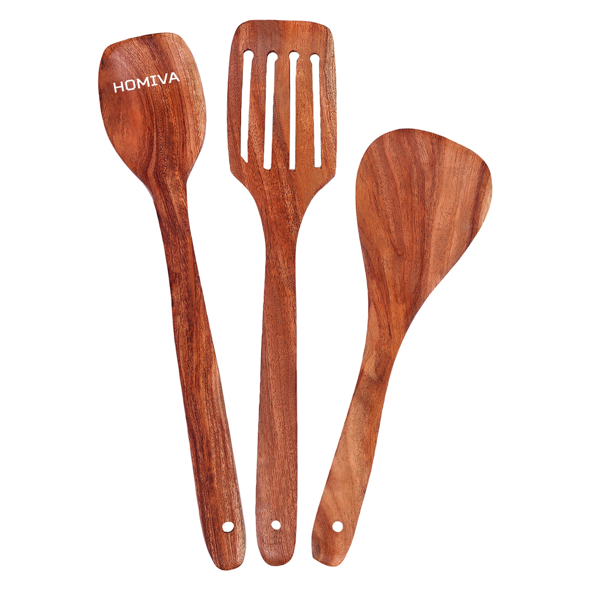 HOMIVA Neem Wood Spatula 3 Pcs Set, Non-Stick Safe Cooking Utensils (Wooden spoon, Slotted Spatula ,Flat wooden spatula)