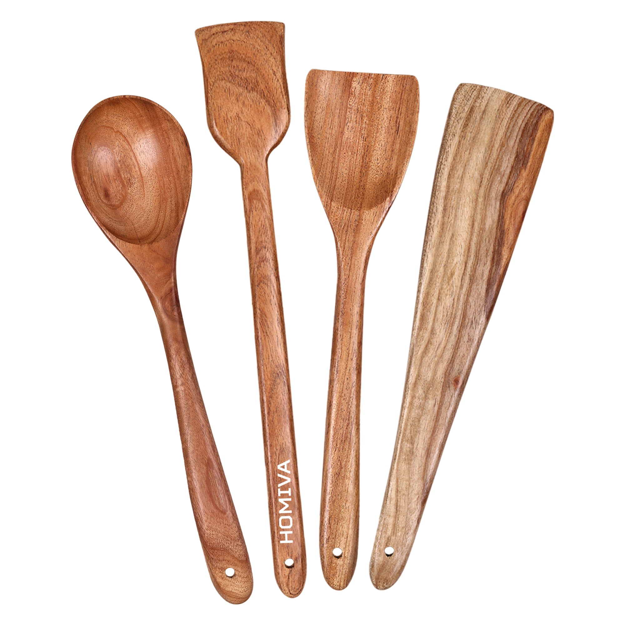 HOMIVA Neem Wood Cooking Utensil 4-Pcs Set, Non-Stick, Kitchen Tools (Fish Spatula, Scraping Spatula,Turner,Wooden Spoon Spatula)