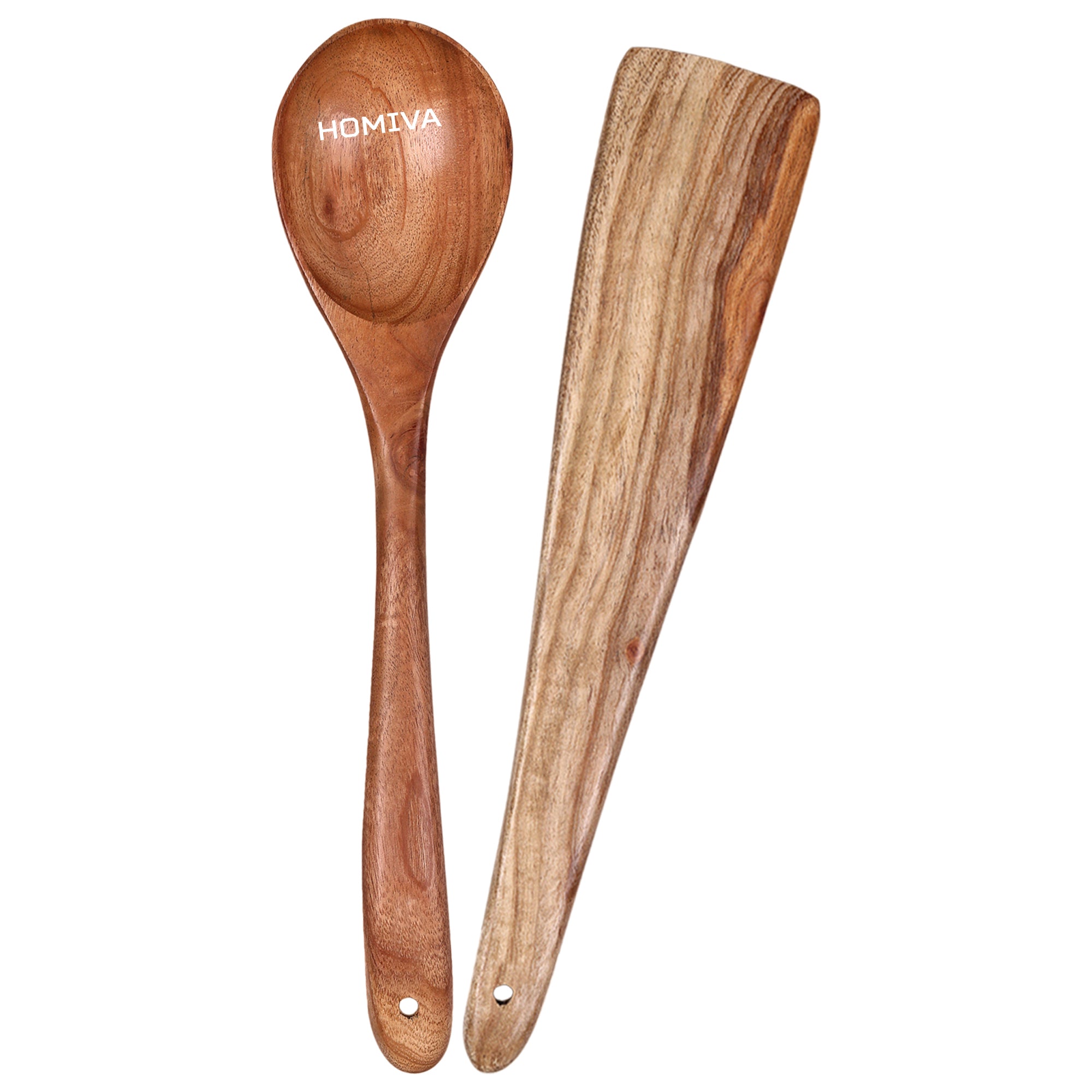 HOMIVA Neem Wood Spatula 2-Pcs Set, Non-Stick Safe Cooking Utensils for a Healthy Kitchen (Fish Spatula & Wooden Spoon Spatula)