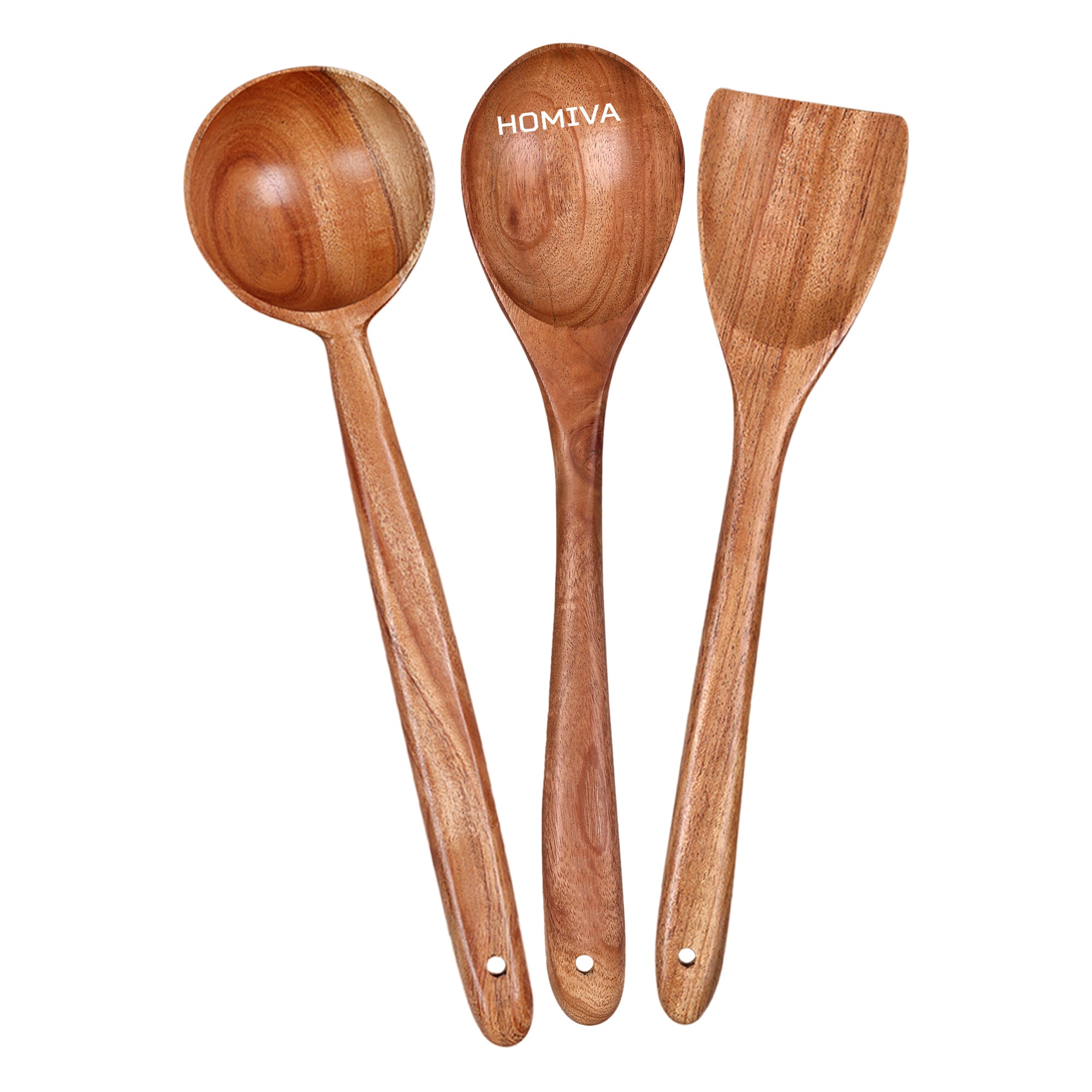 HOMIVA Neem Wood Spatula 3-Pcs Set, Non-Stick Safe Cooking Utensils for a Healthy Kitchen(Scraping Spatula, Wooden Spoon & Soup Spatula)