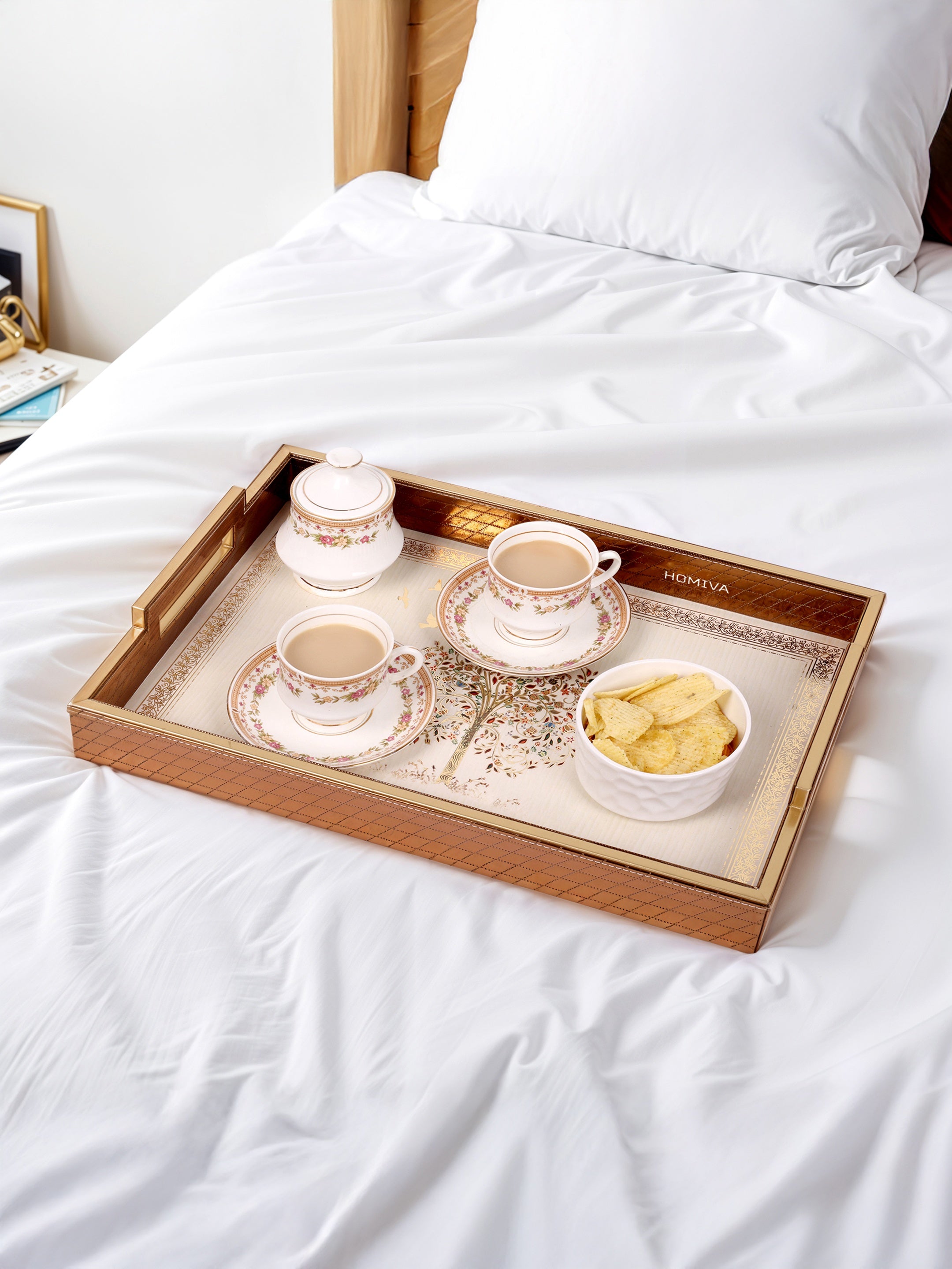 HOMIVA Elegant Faux Leatherette Tray Decorative Serving Trays with Gold Handles (Small) - Brown