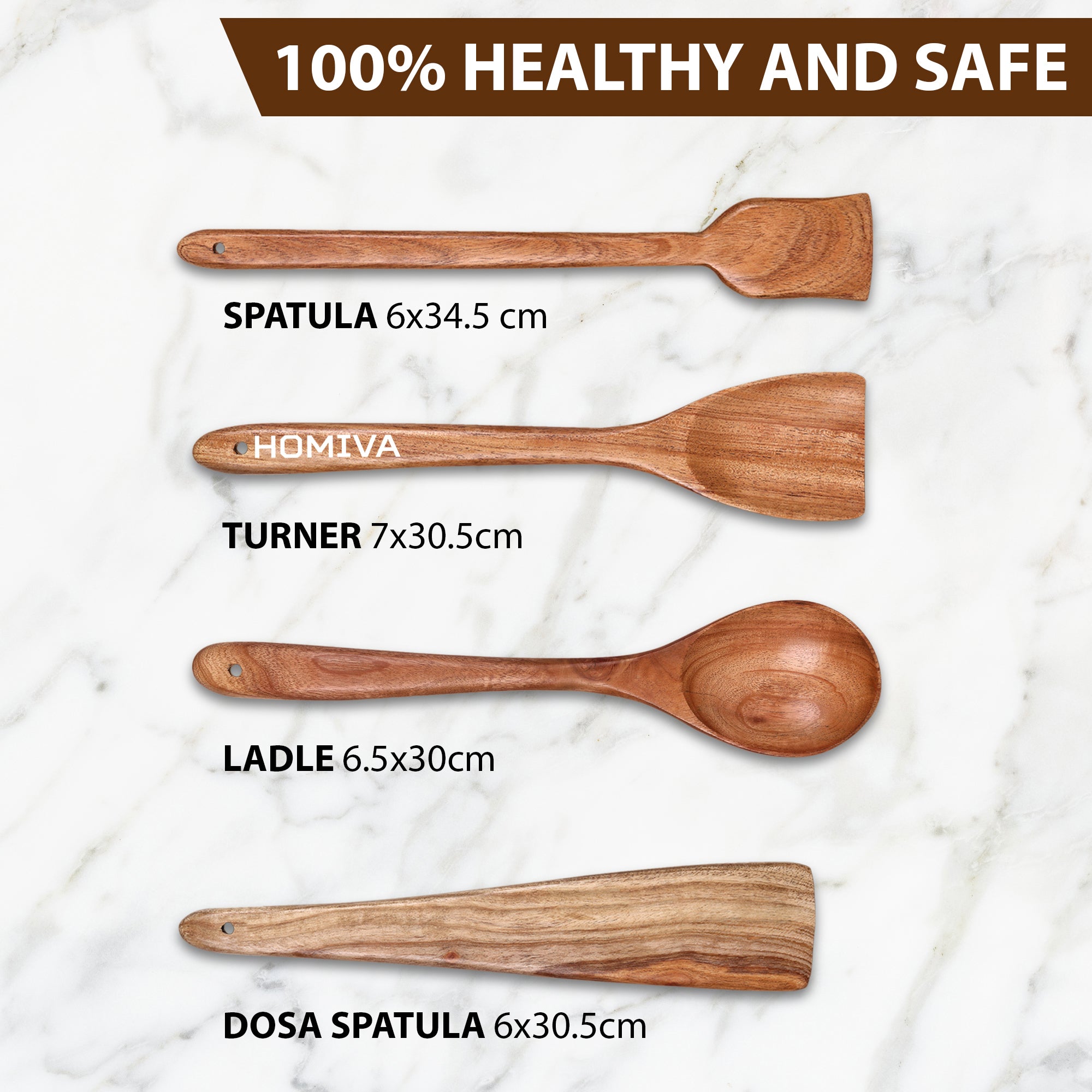 HOMIVA Neem Wood Cooking Utensil 4-Pcs Set, Non-Stick, Kitchen Tools (Fish Spatula, Scraping Spatula,Turner,Wooden Spoon Spatula)