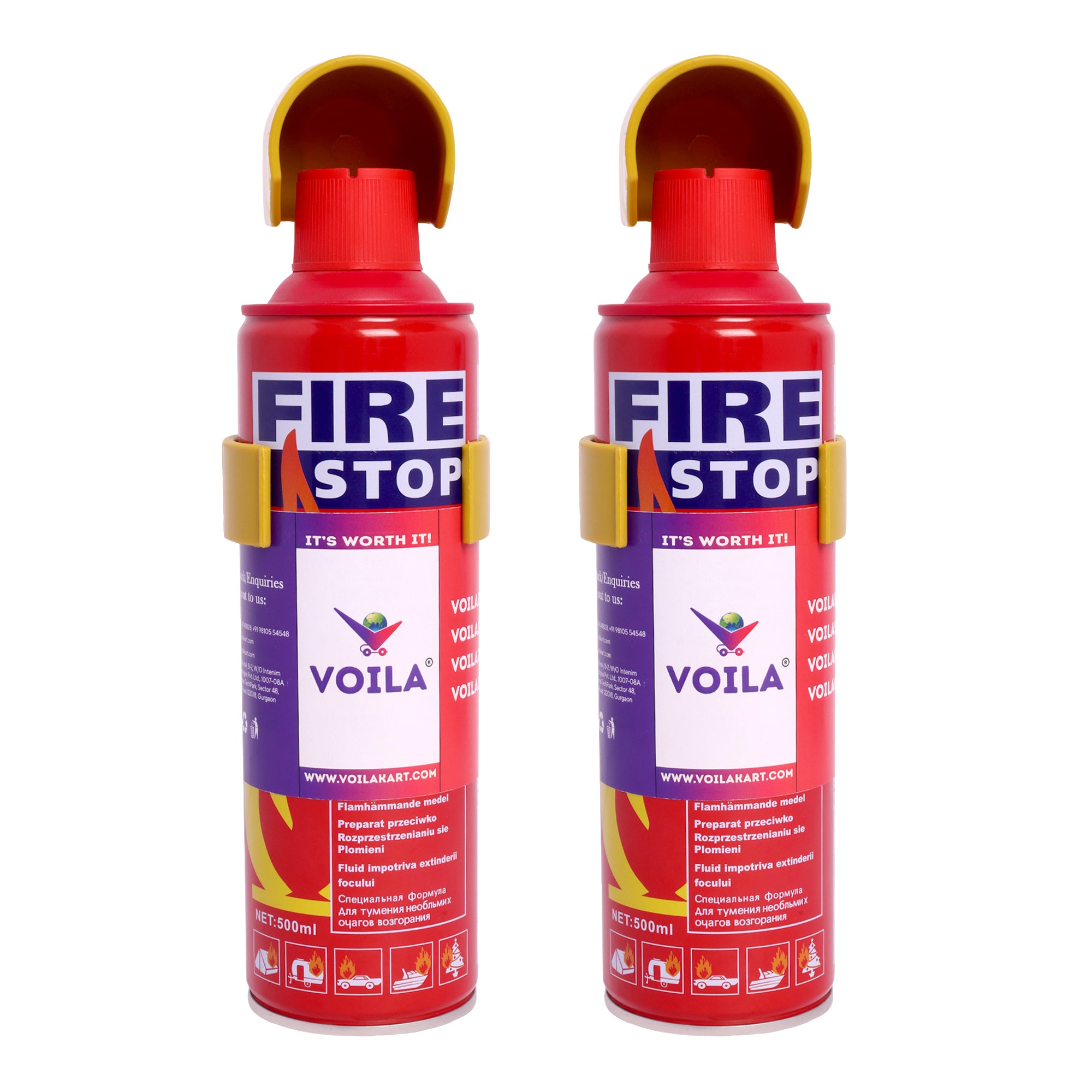 VOILA Fire Stop, Portable & Easy to Use Aluminum 500 ml Fire Extinguisher Spray with Stand for Car, Bus, Truck, Cab, Auto, Home & Kitchen etc (Pack of 2)