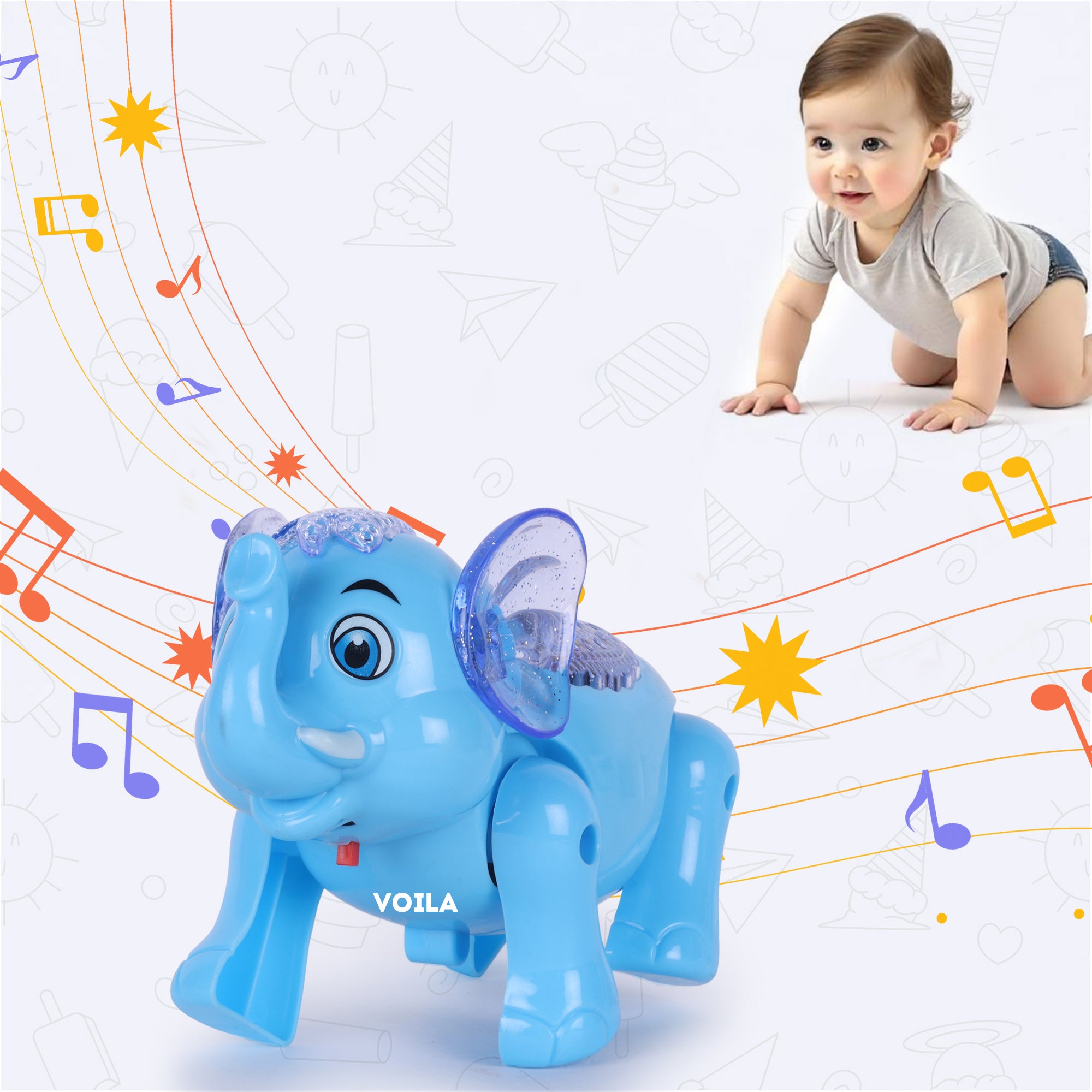 VOILA Baby Elephant Musical Crawling Toy with Lights, Sound,Toddler Toys,for Kids Boys & Girls(Blue)