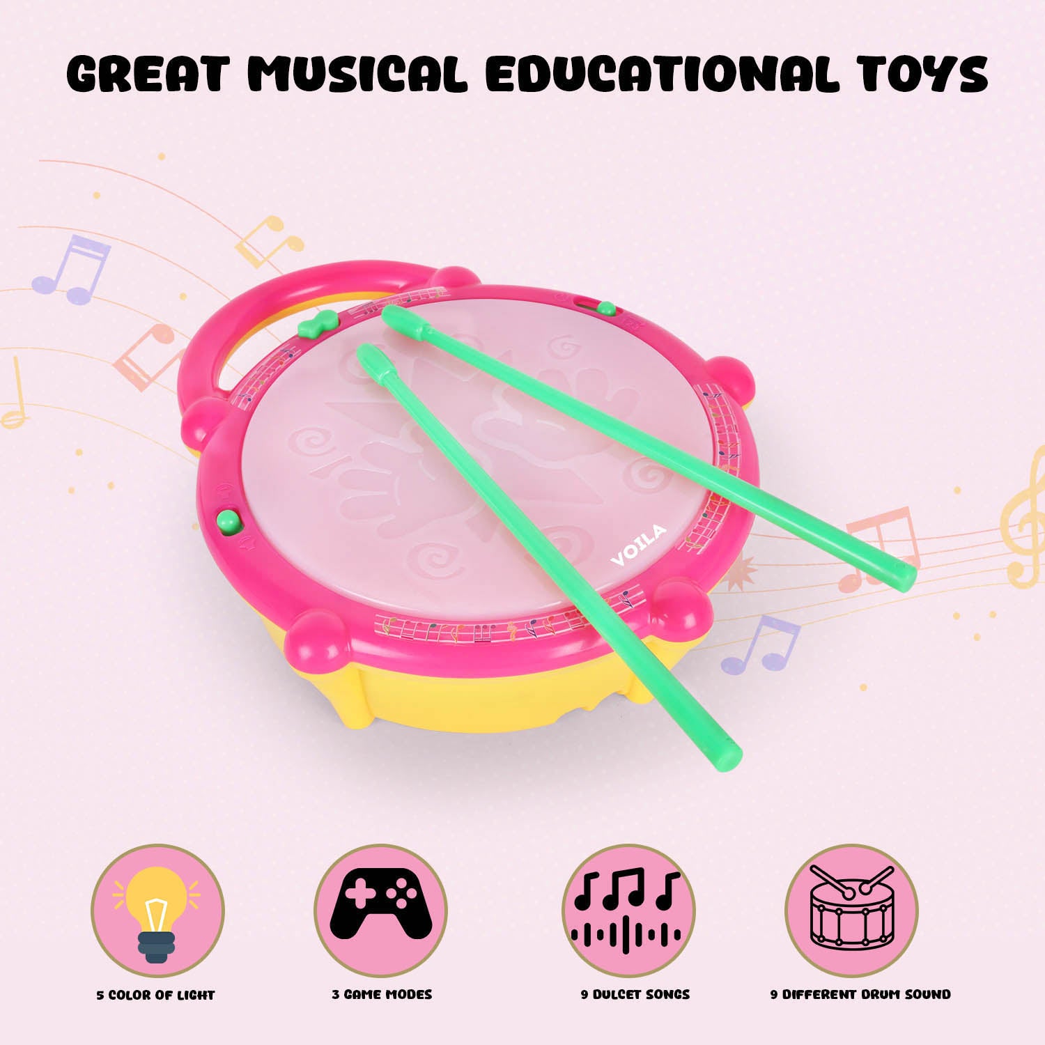 VOILA Flash Drum Toy with Flashing Lights & Musical Sounds -Educational Learning Instrument for Boys & Girls