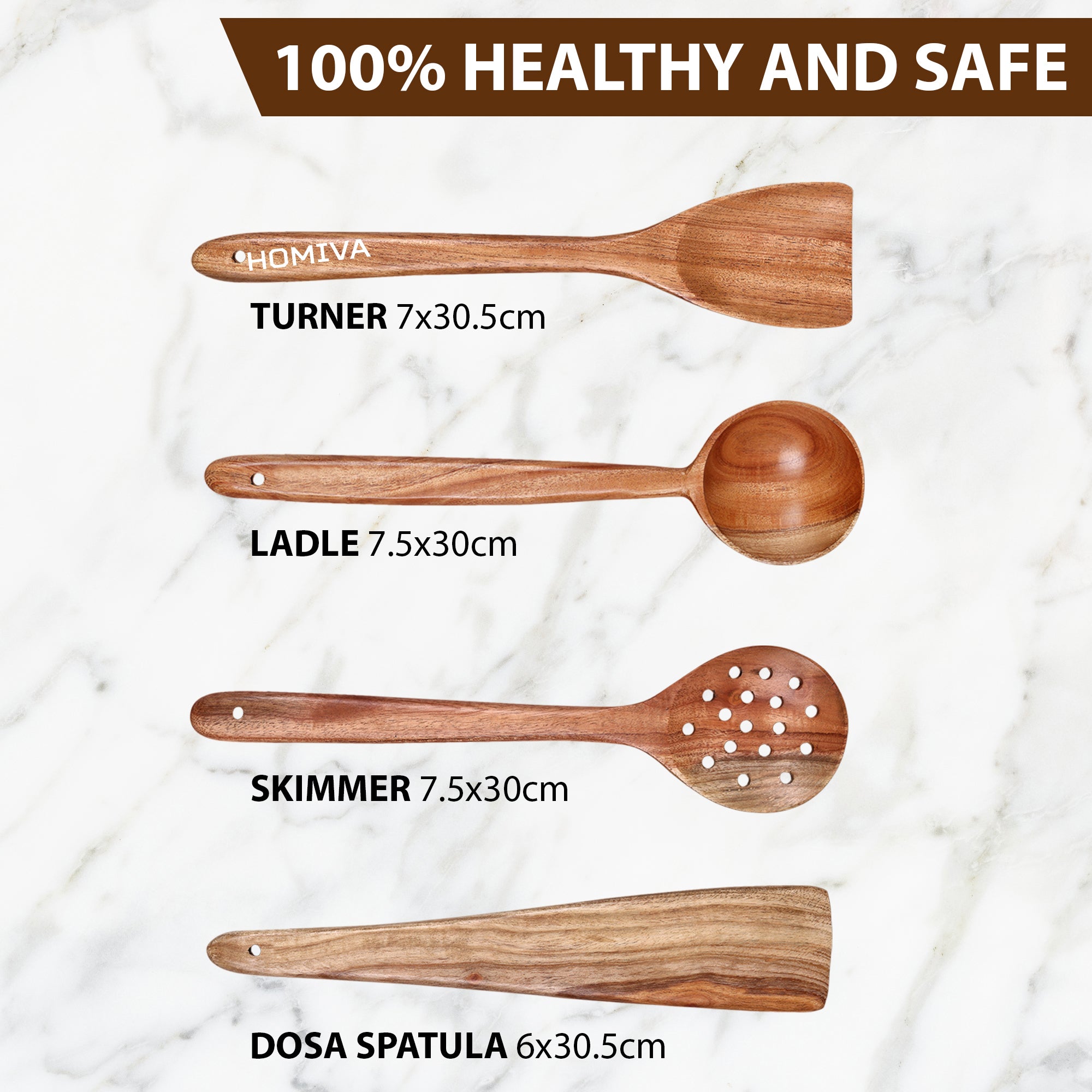 HOMIVA Neem Wood Cooking Utensil 4-Pcs Set. Non-Stick, Kitchen Tools (Fish Spatula,Scraping Spatula ,Slotted spatula,Spoon spatula)