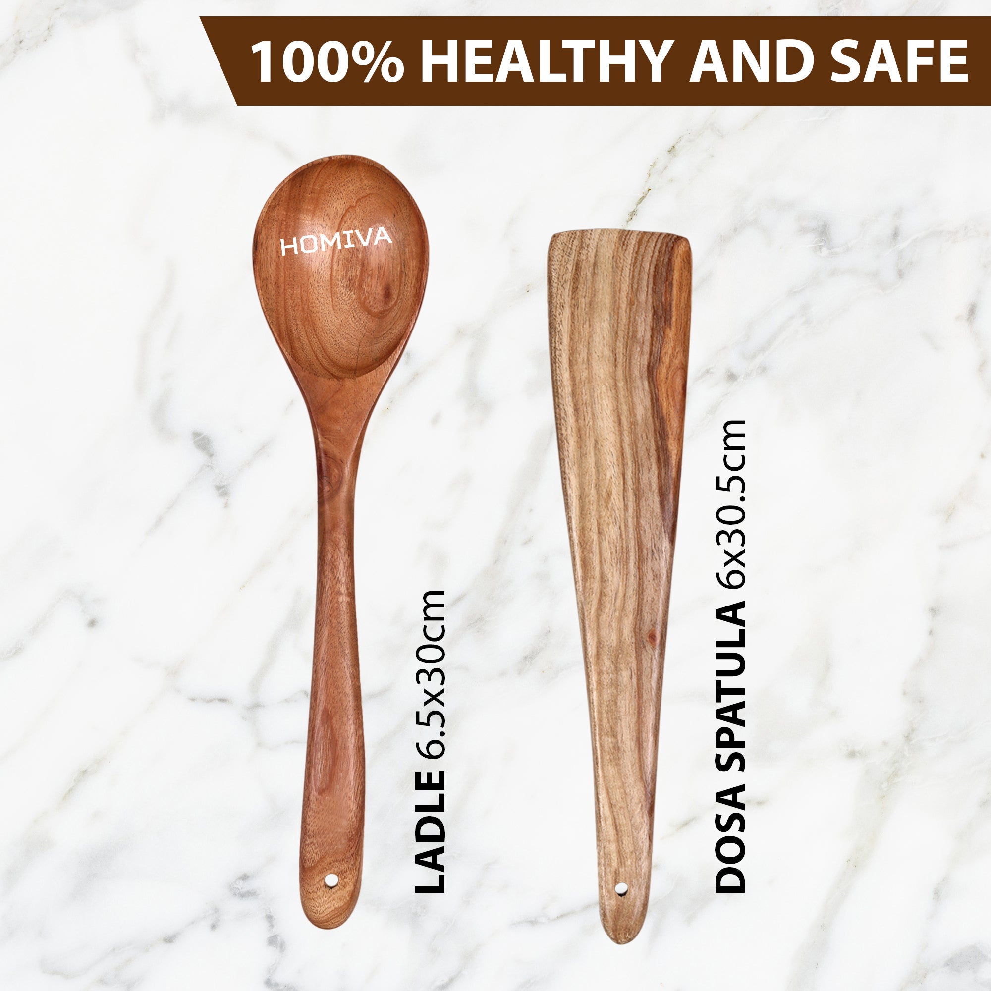 HOMIVA Neem Wood Spatula 2-Pcs Set, Non-Stick Safe Cooking Utensils for a Healthy Kitchen (Fish Spatula & Wooden Spoon Spatula)