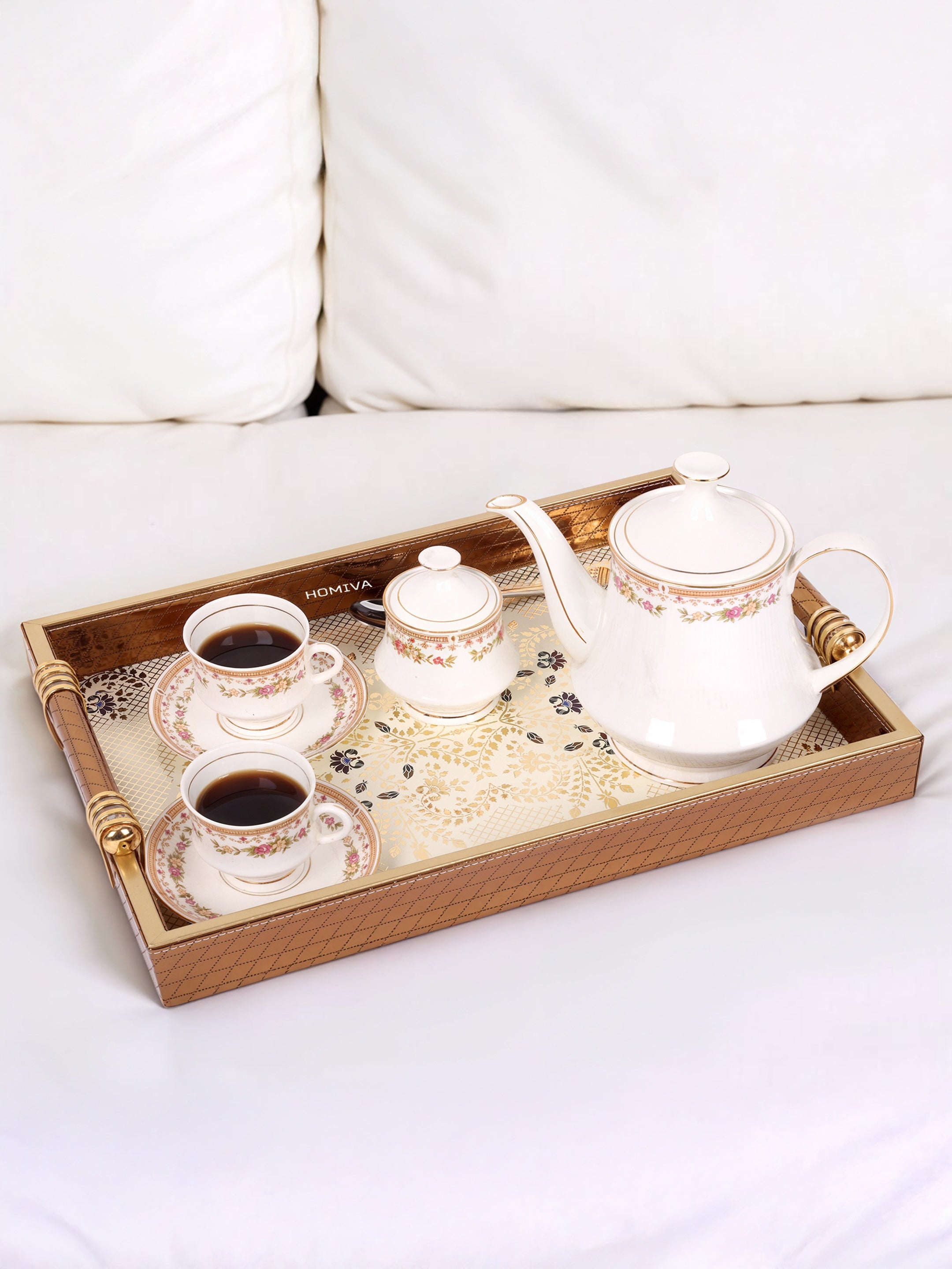 HOMIVA Luxury Faux Leatherette Serving Tray with Handles, Elegant Design with Gold Accents (Large)