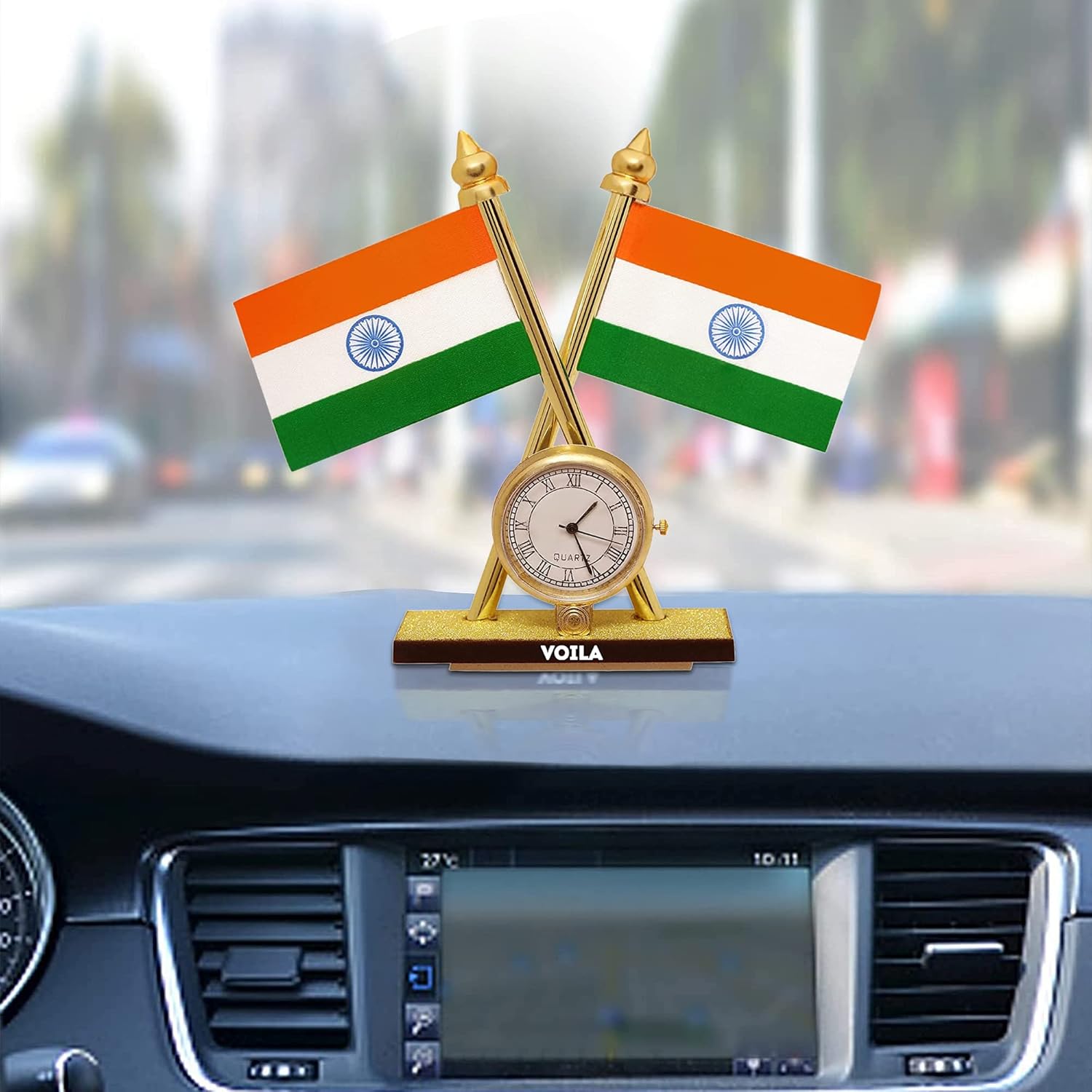 VOILA Indian Flag with Clock for Vehicle (Auto, Car, Bus, Truck) Dashboard, Home and Office Decor