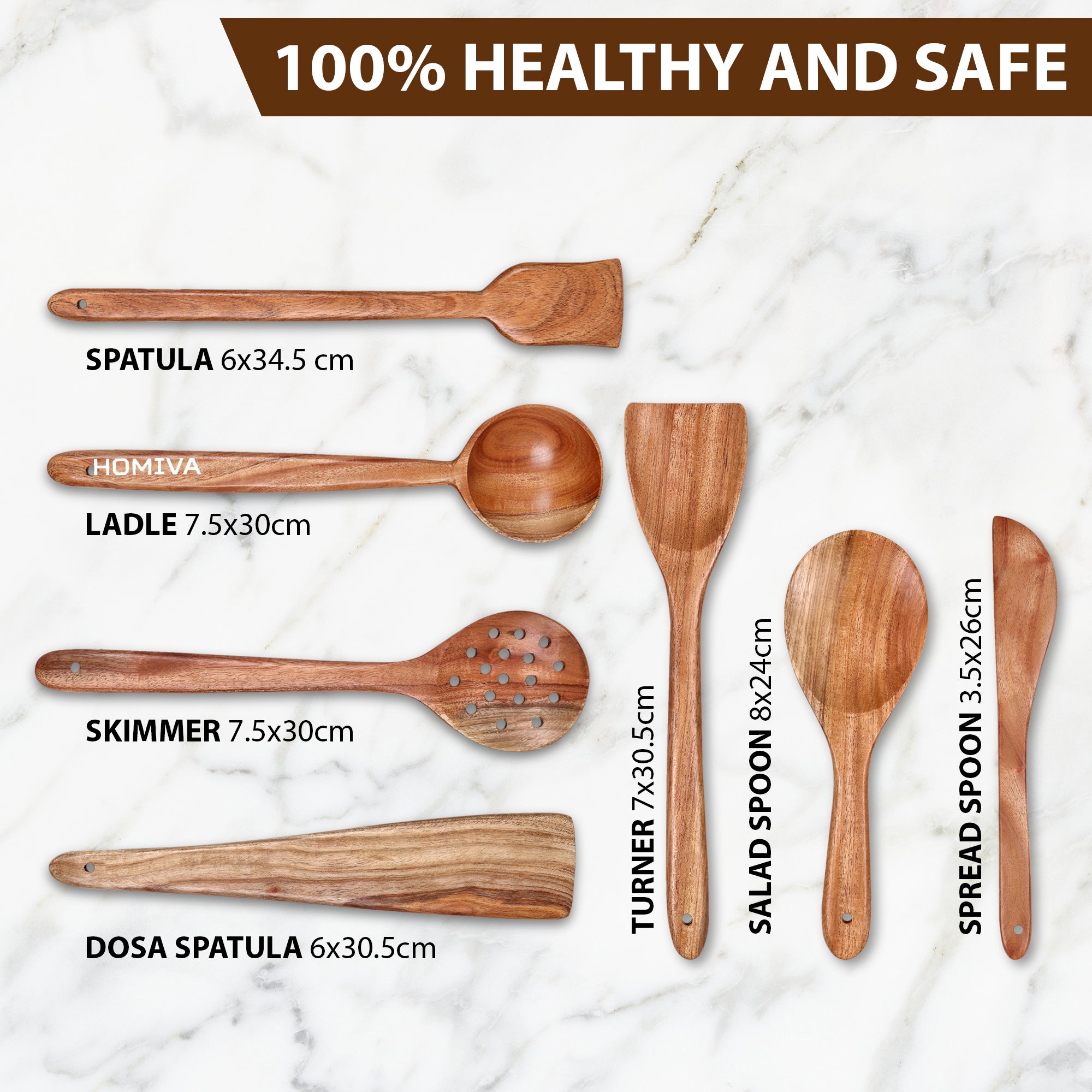 HOMIVA Neem Wood Spatula 7-Pcs Set, Non-Stick Safe Cooking Utensils (Spreader, Fish Spatula, Scraping Spatula, Spoon Spatula, Slotted Spatula, Serving Spatula & Soup Spatula )