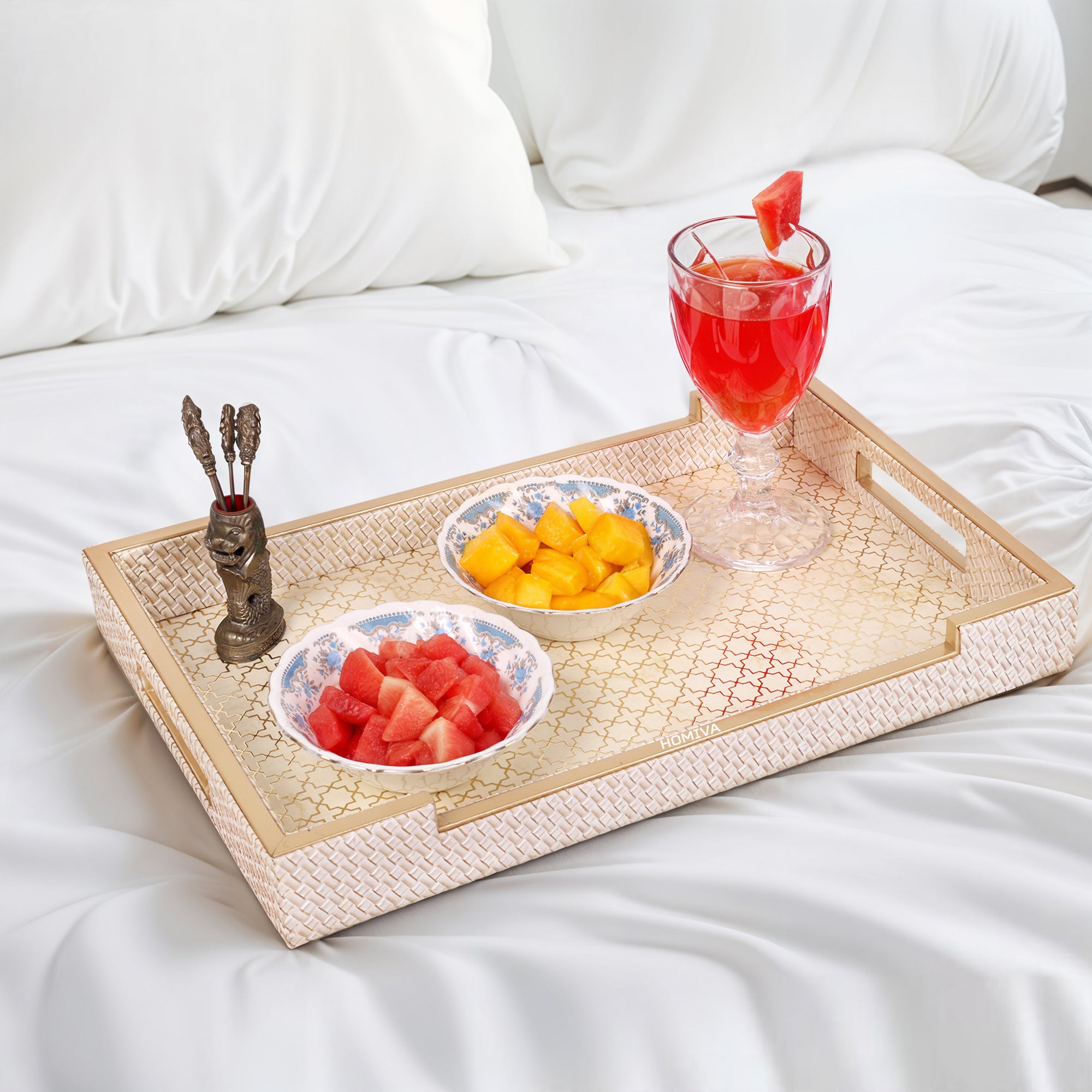 HOMIVA Luxury Leatherette Set – 2 Serving Trays, Spoon Holders & Multipurpose Paper Tray - Beige & Gold