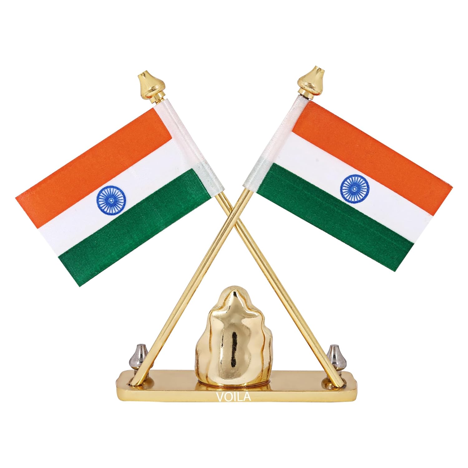 VOILA Indian Flag for Vehicle (Auto, Car, Bus, Truck) Dashboard & Office Gift Purpose Flag with Lord Ganesha Idol in Brass Metal Stand