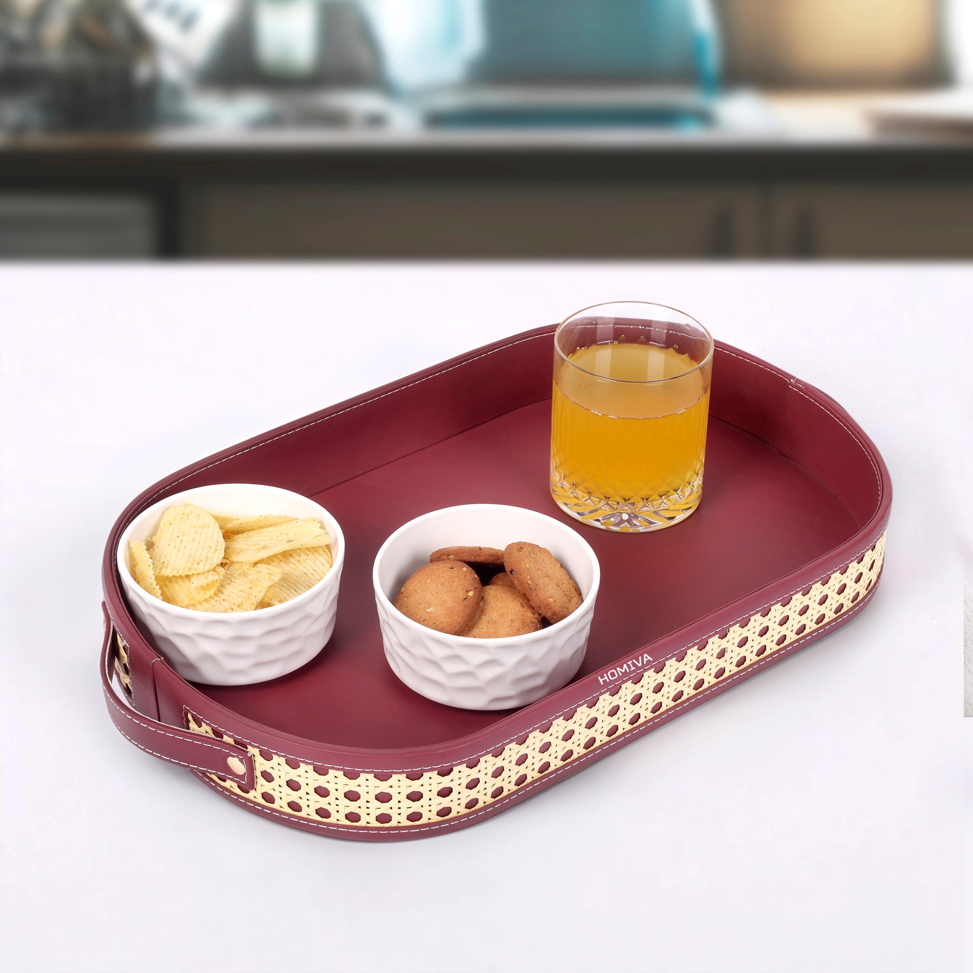HOMIVA Oval Faux Leatherette Serving Tray with Cane Design & Handles – Maroon & Beige