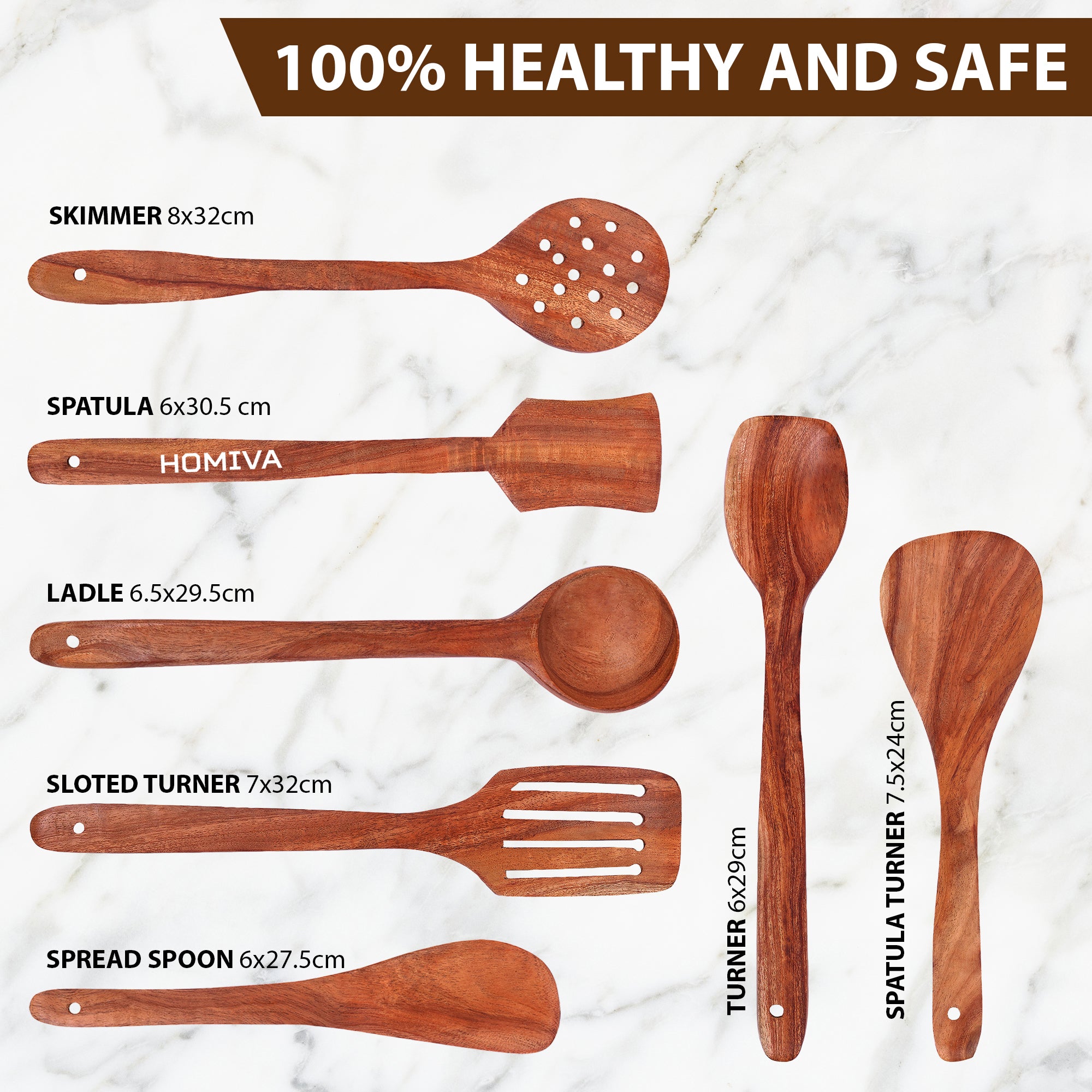 HOMIVA Neem Wood Spatula 7-Pcs Set, Non-Stick Safe Cooking Utensils (Serving Spoon, Mixing Spoon ,Soup Ladle, Stirring Spatula, Slotted Spoon & Serving Spatula)