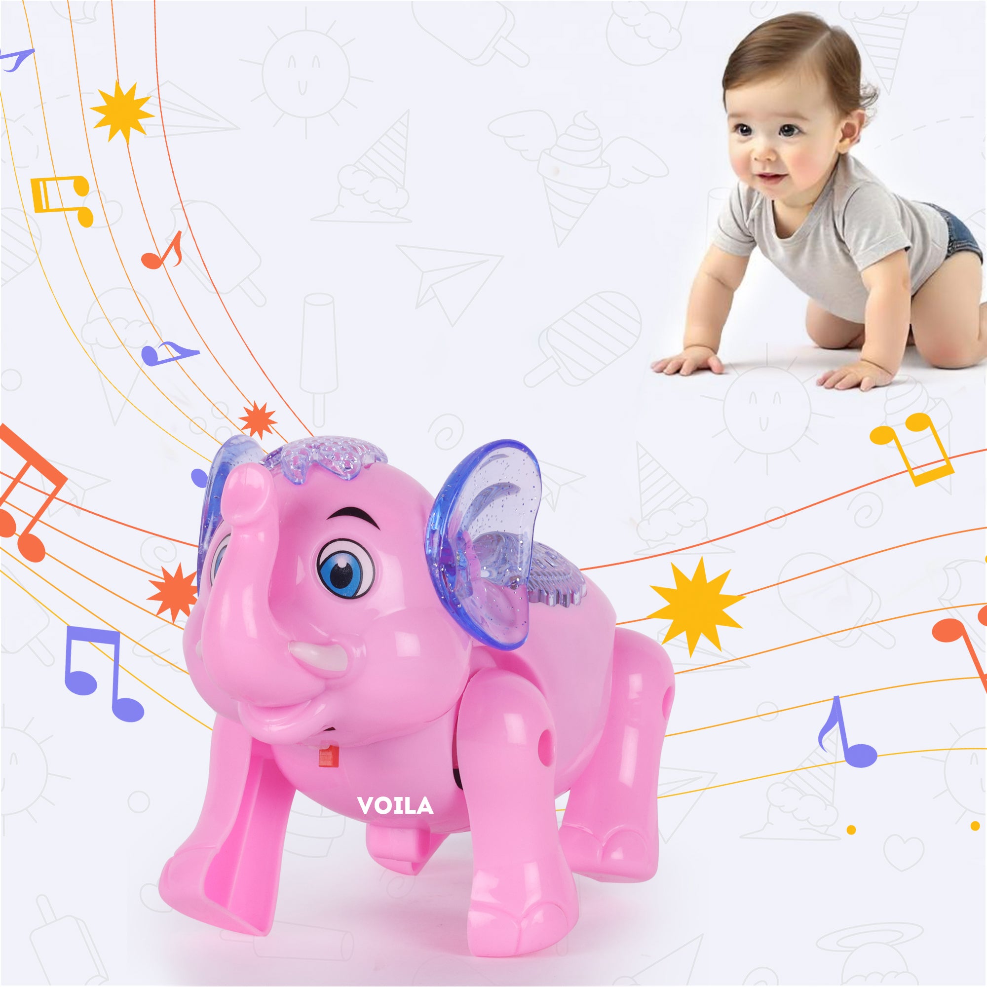 VOILA Baby Elephant Musical Crawling Toy with Lights, Sound,Toddler Toys,for Kids Boys & Girls (Pink)