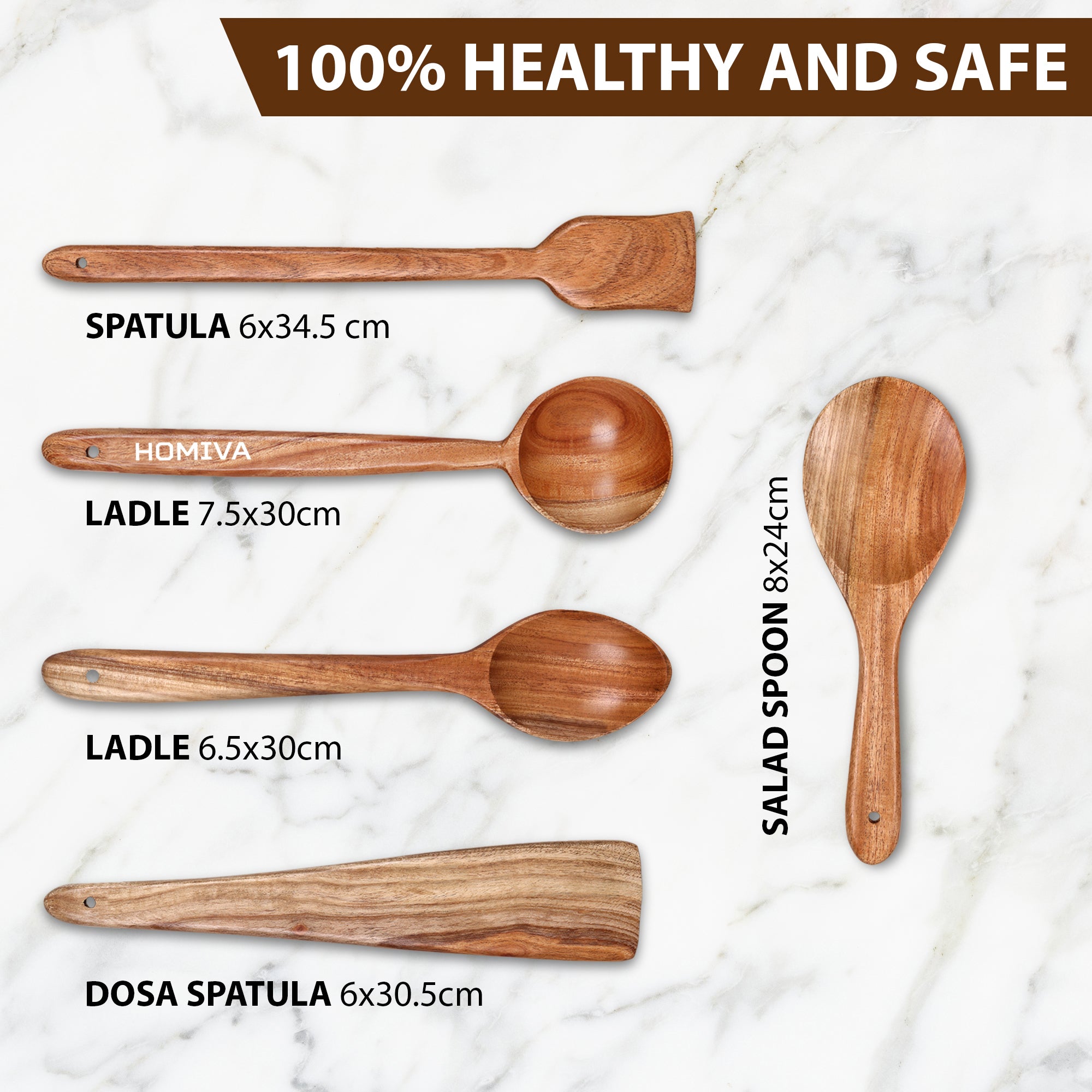 HOMIVA Neem Wood Spatula 5 Pcs Set, Non-Stick Safe Cooking Utensils – (Fish Spatula, Turner, Wooden Spoon Spatula, Serving Spatula & Soup Spatula)
