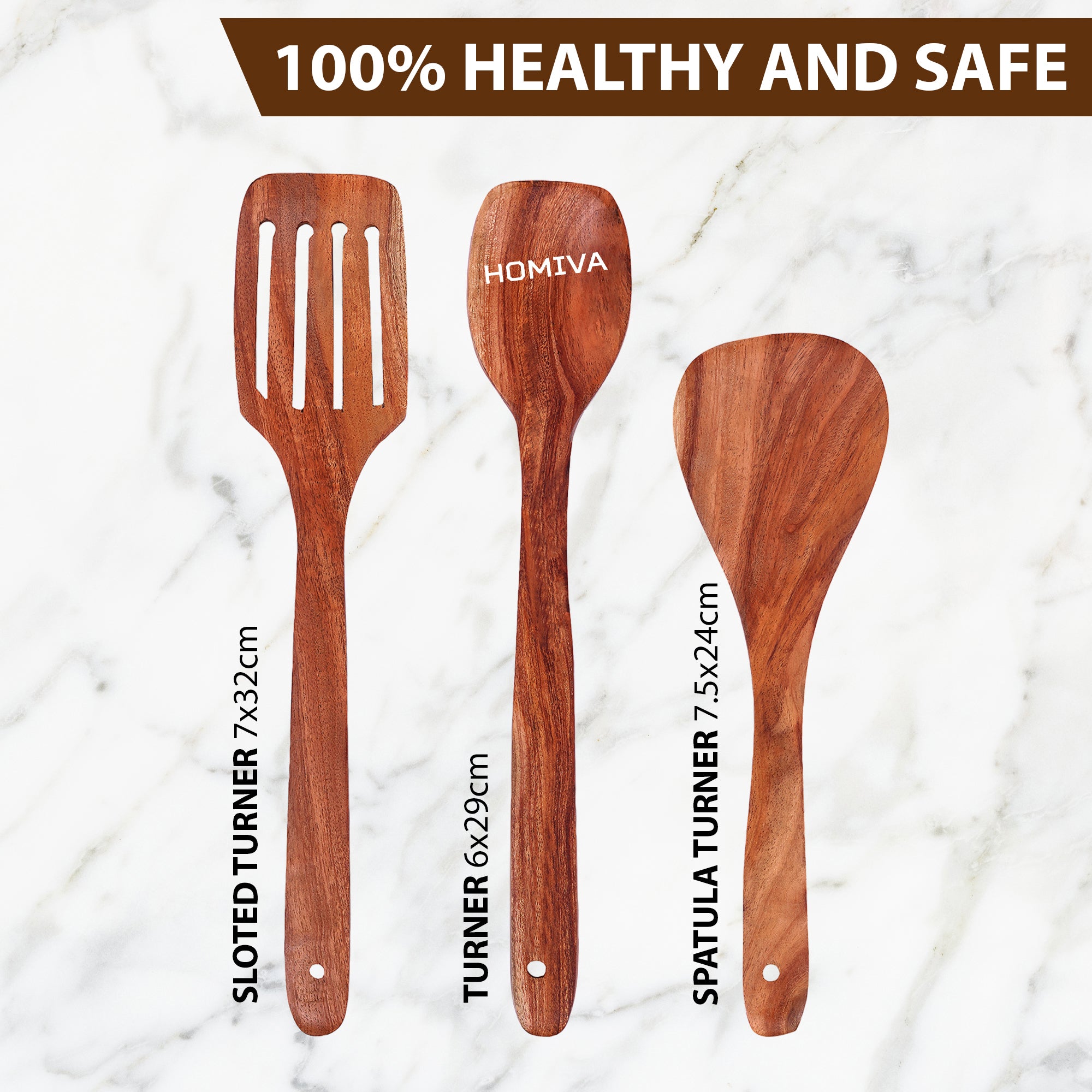 HOMIVA Neem Wood Spatula 3 Pcs Set, Non-Stick Safe Cooking Utensils (Wooden spoon, Slotted Spatula ,Flat wooden spatula)