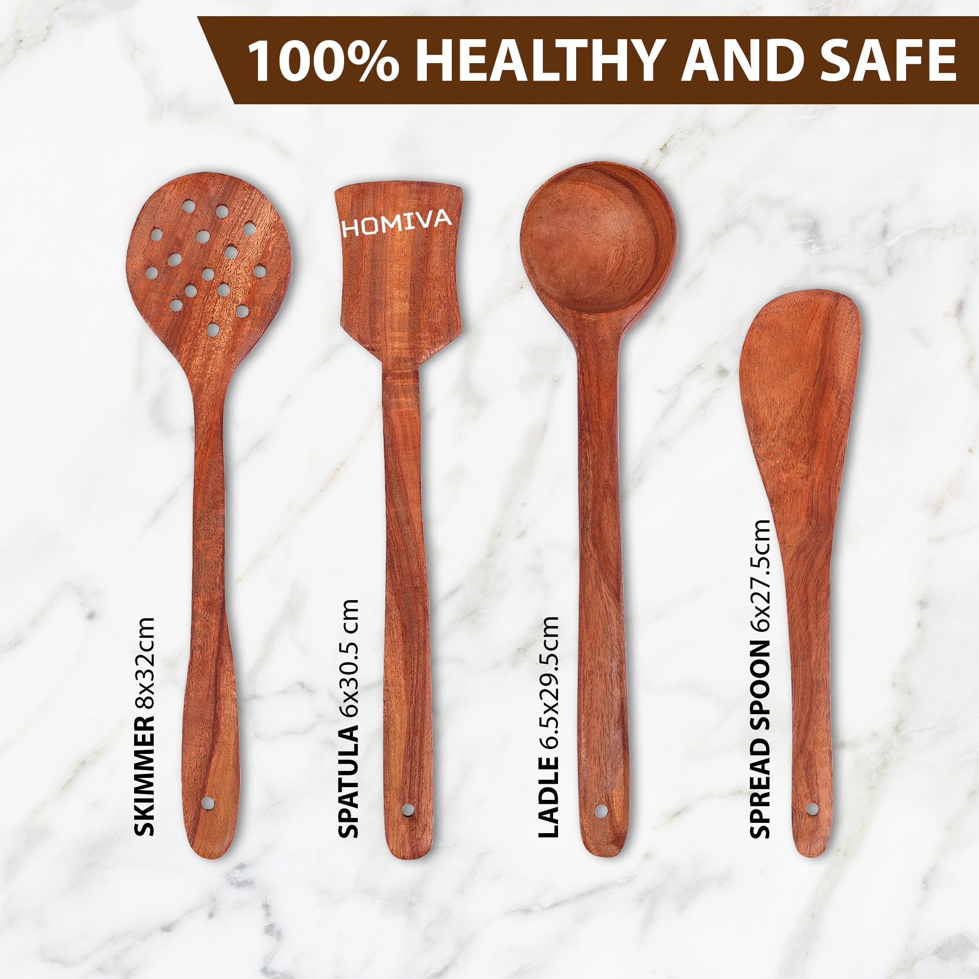 HOMIVA Neem Wood Cooking Utensil 4-Pcs Set, Non-Stick, Kitchen Tools (Slotted Turner, Flat Spatula, Ladle, Stirring Spoon)