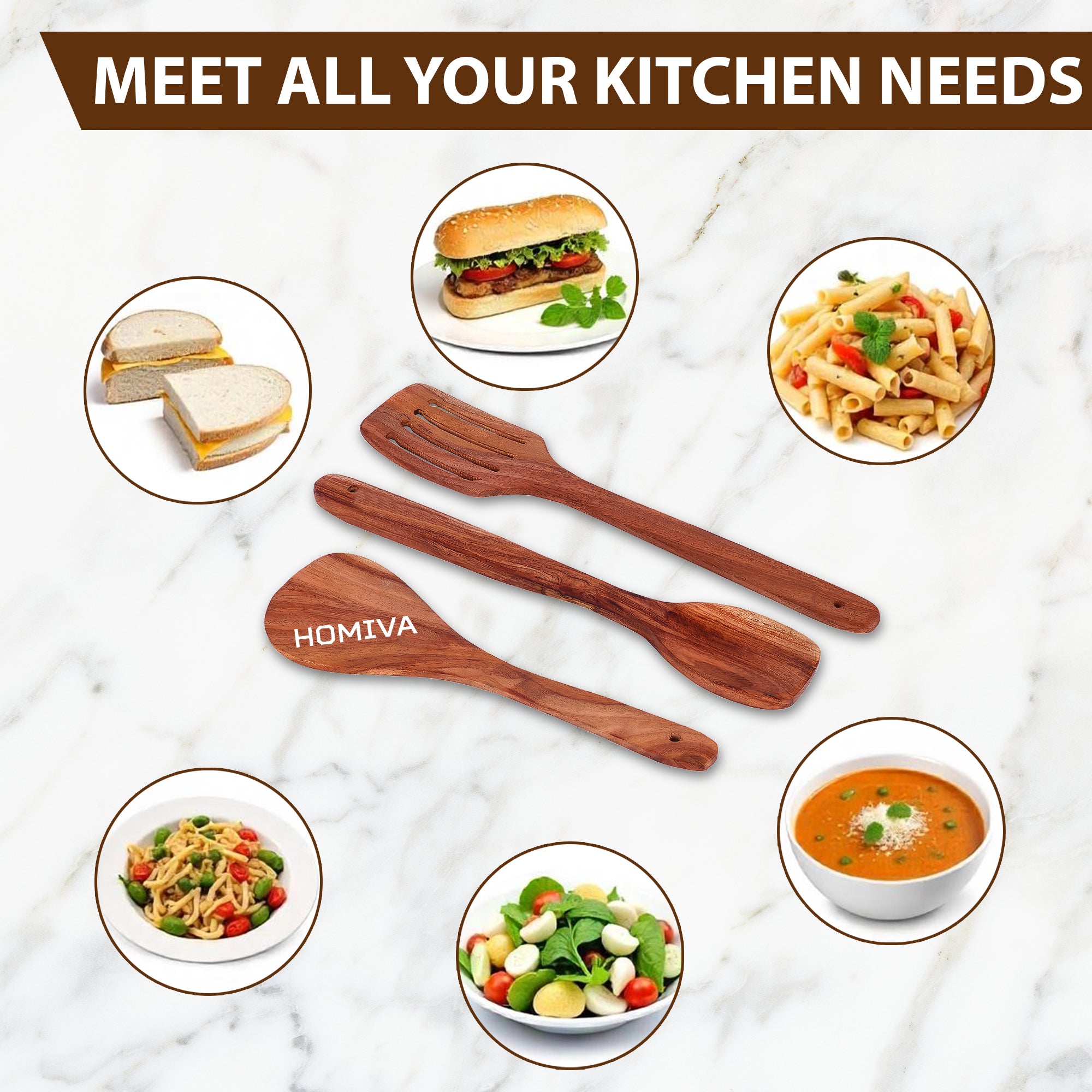 HOMIVA Neem Wood Spatula 3 Pcs Set, Non-Stick Safe Cooking Utensils (Wooden spoon, Slotted Spatula ,Flat wooden spatula)