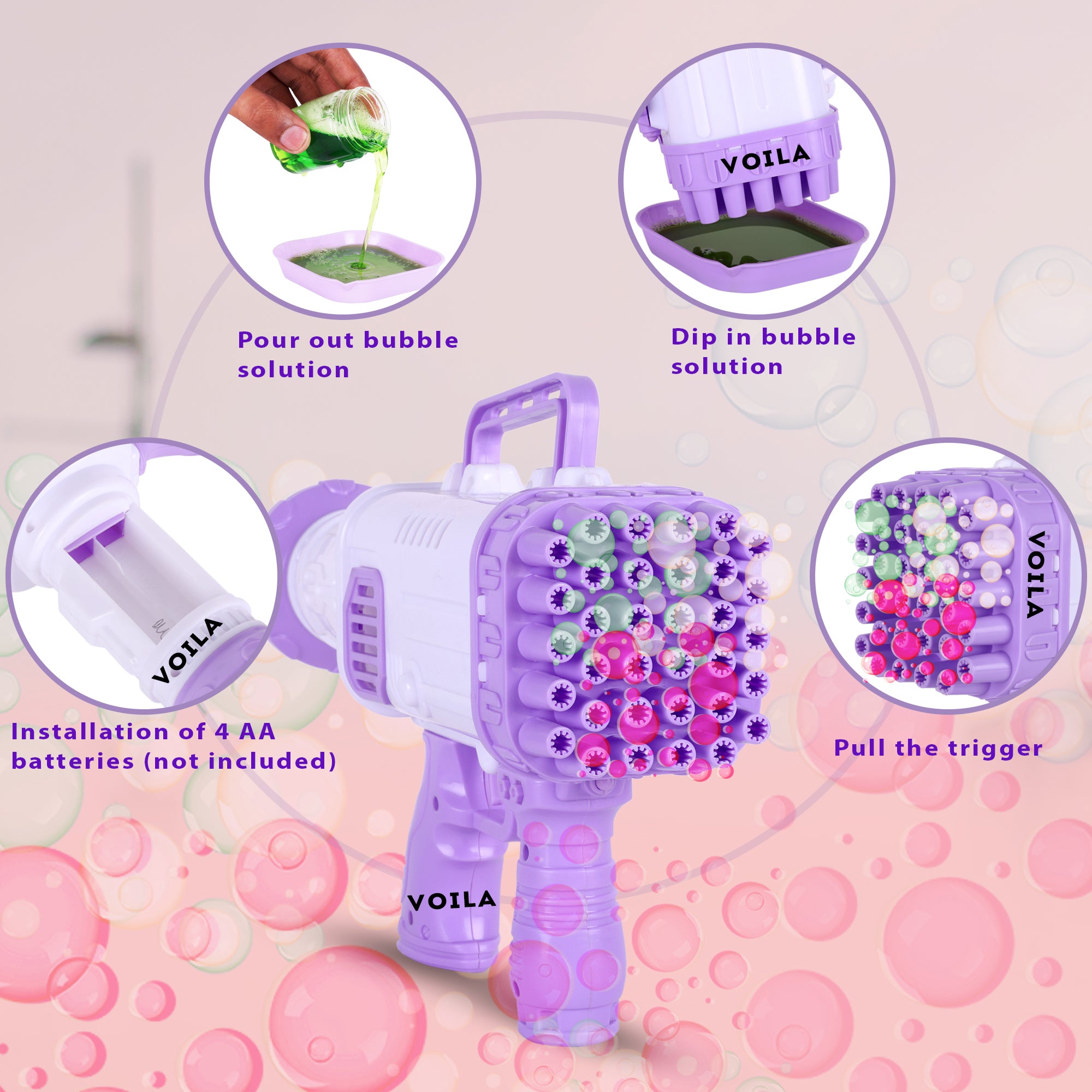 VOILA 32 - Hole Gatling Bubble Gun – Fun Bubble Launcher Toy for Kids, Toddlers, Boys & Girls