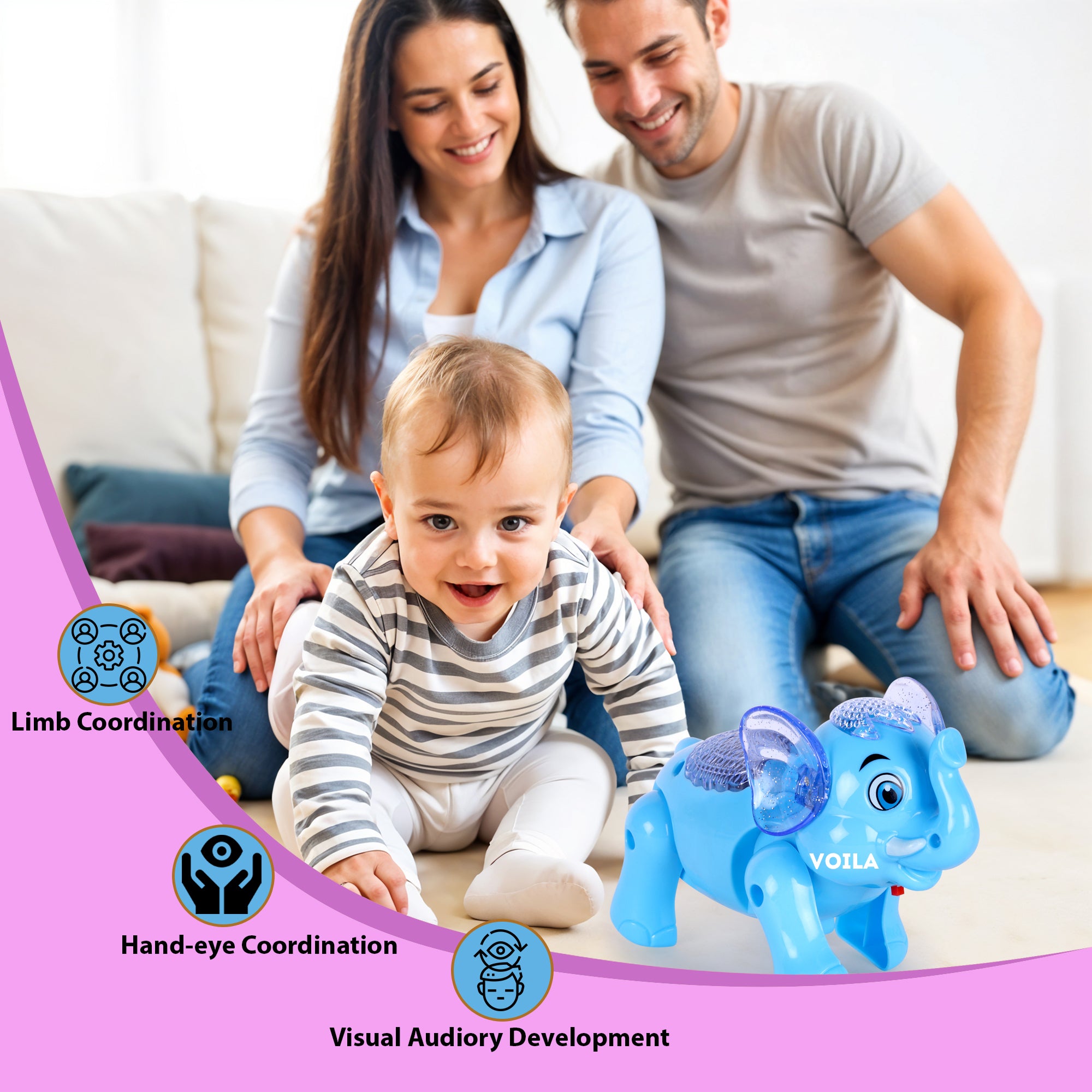 VOILA Baby Elephant Musical Crawling Toy with Lights, Sound,Toddler Toys,for Kids Boys & Girls(Blue)