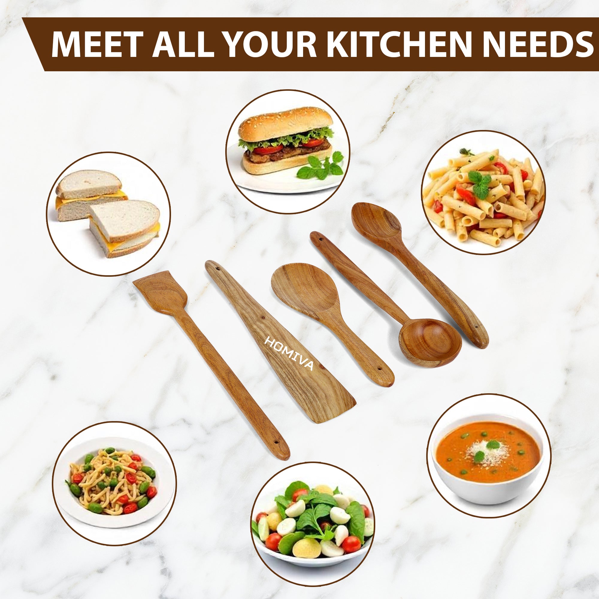 HOMIVA Neem Wood Spatula 5 Pcs Set, Non-Stick Safe Cooking Utensils – (Fish Spatula, Turner, Wooden Spoon Spatula, Serving Spatula & Soup Spatula)