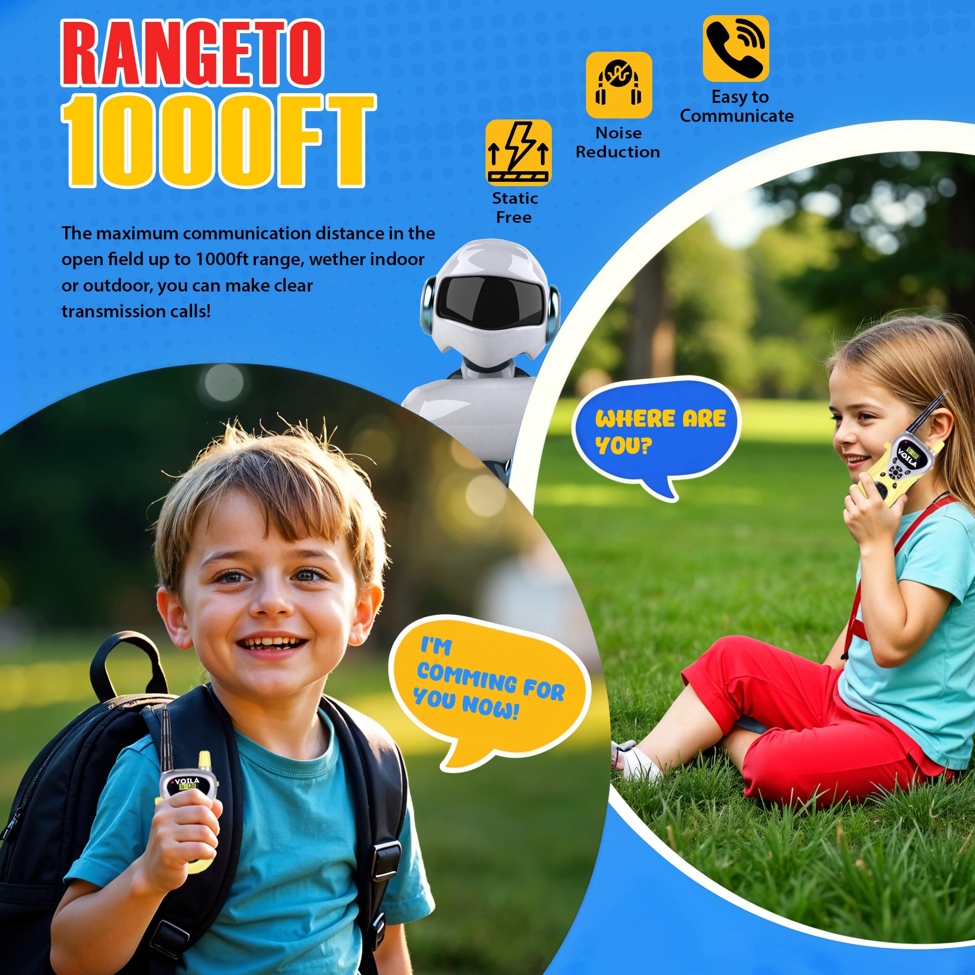 VOILA Kids Walkie Talkies - Clear Sound, Long Range, Compact & Durable Communication Toy for Boys & Girls