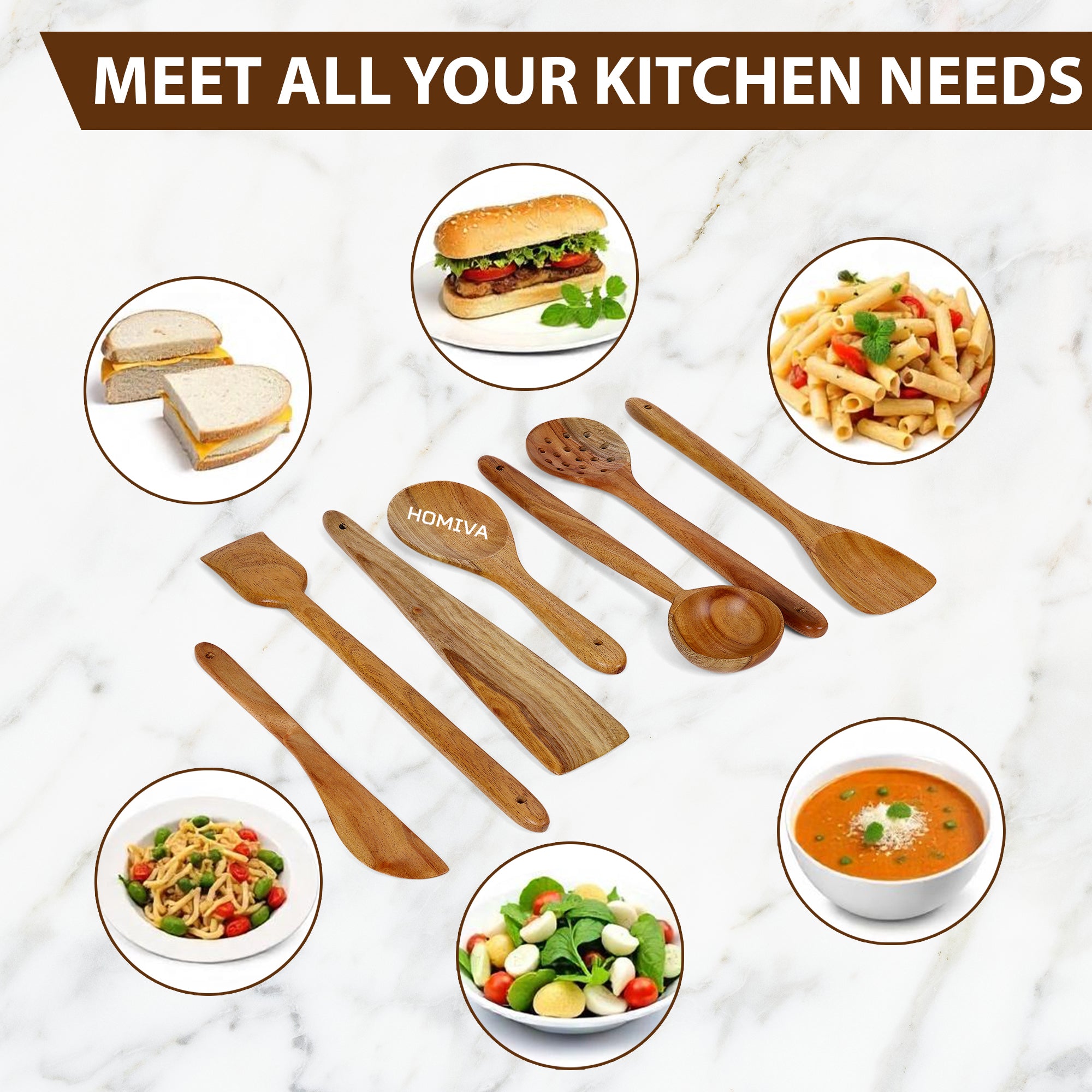 HOMIVA Neem Wood Spatula 7-Pcs Set, Non-Stick Safe Cooking Utensils (Spreader, Fish Spatula, Scraping Spatula, Spoon Spatula, Slotted Spatula, Serving Spatula & Soup Spatula )