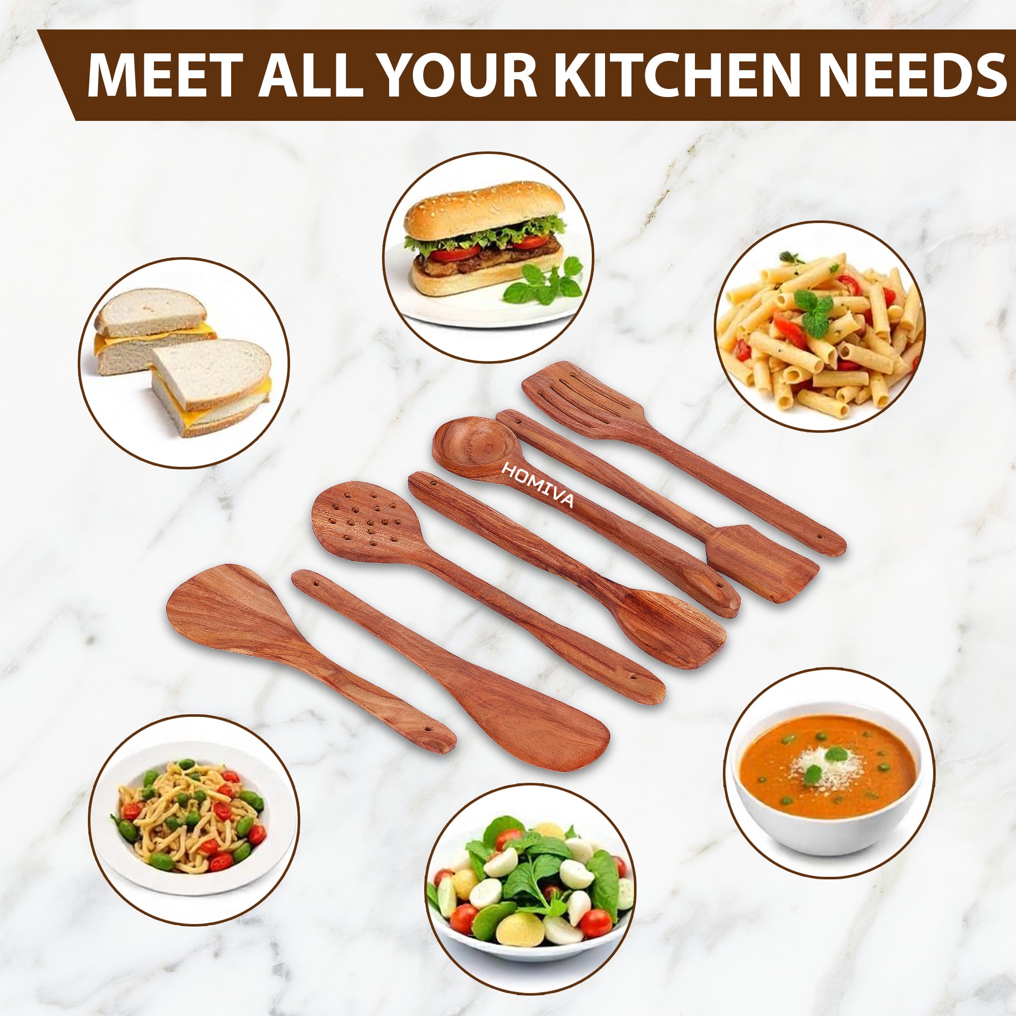 HOMIVA Neem Wood Spatula 7-Pcs Set, Non-Stick Safe Cooking Utensils (Serving Spoon, Mixing Spoon ,Soup Ladle, Stirring Spatula, Slotted Spoon & Serving Spatula)