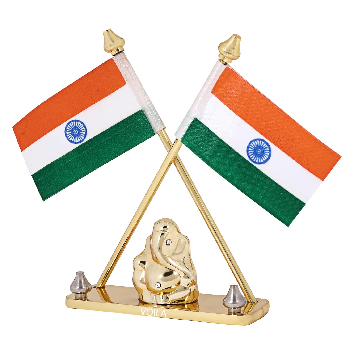 VOILA Indian Flag for Vehicle (Auto, Car, Bus, Truck) Dashboard & Office Gift Purpose Flag with Lord Ganesha Idol in Brass Metal Stand