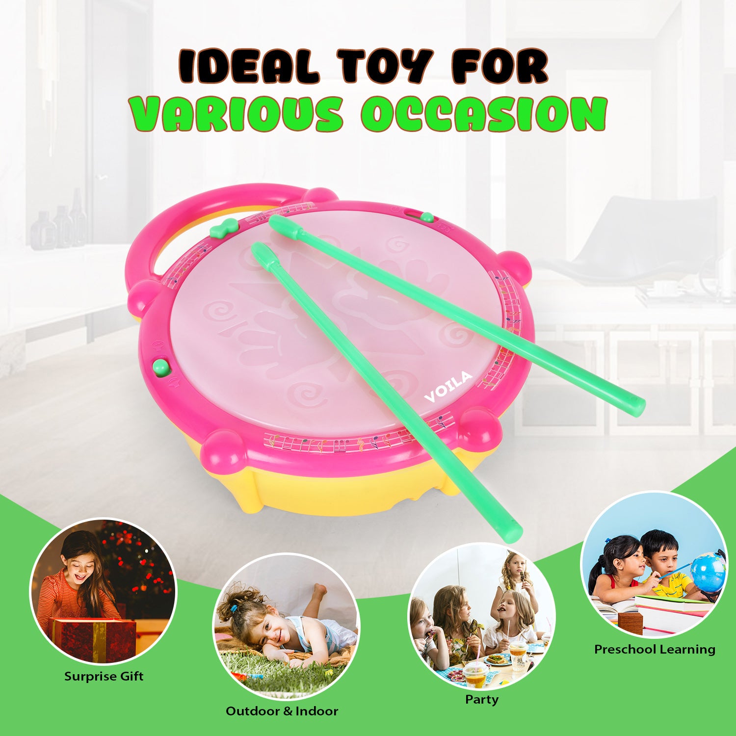 VOILA Flash Drum Toy with Flashing Lights & Musical Sounds -Educational Learning Instrument for Boys & Girls