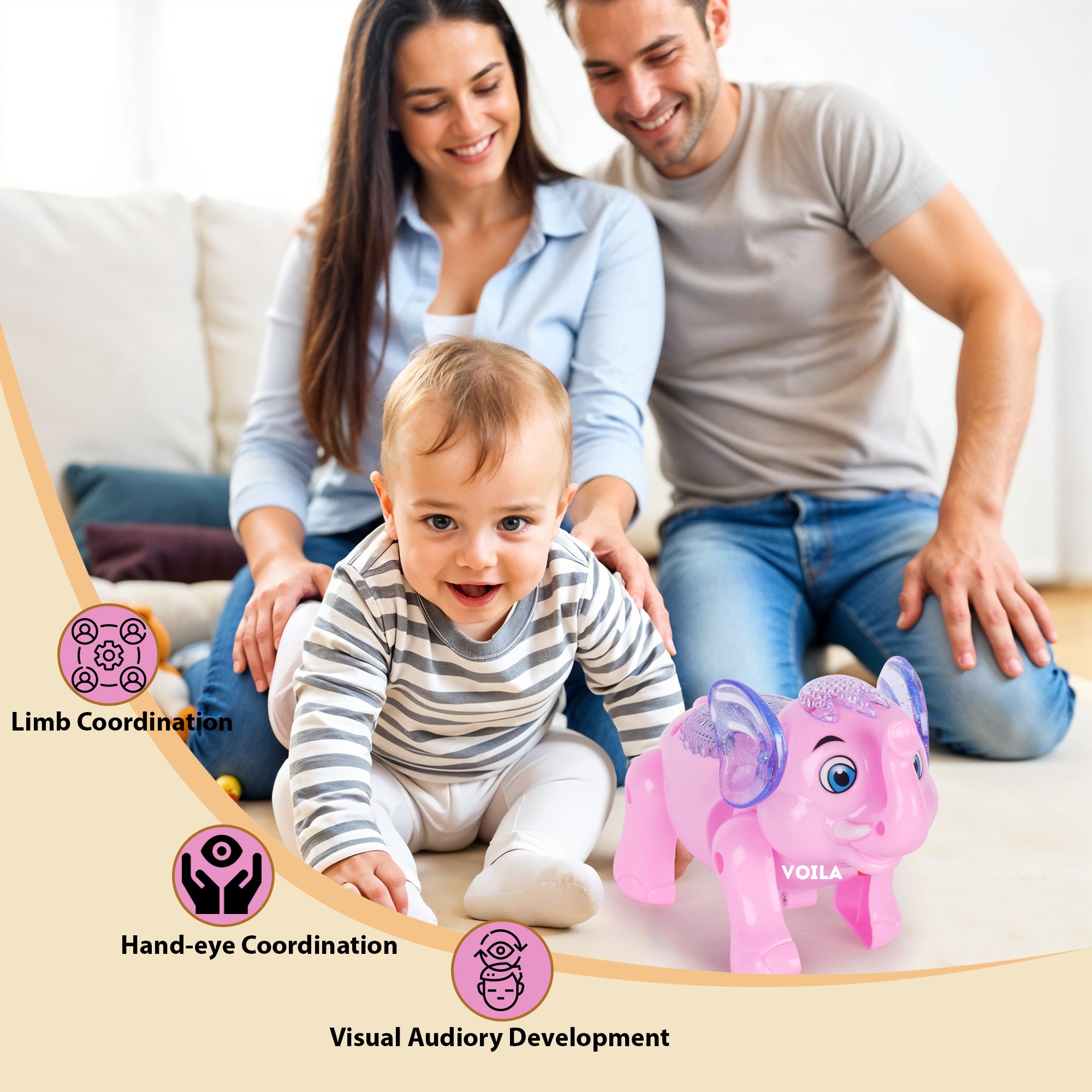 VOILA Baby Elephant Musical Crawling Toy with Lights, Sound,Toddler Toys,for Kids Boys & Girls (Pink)