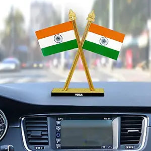 VOILA Indian Flag for Car Dashboard, Home & Office Table Flag Cross Design with Stand