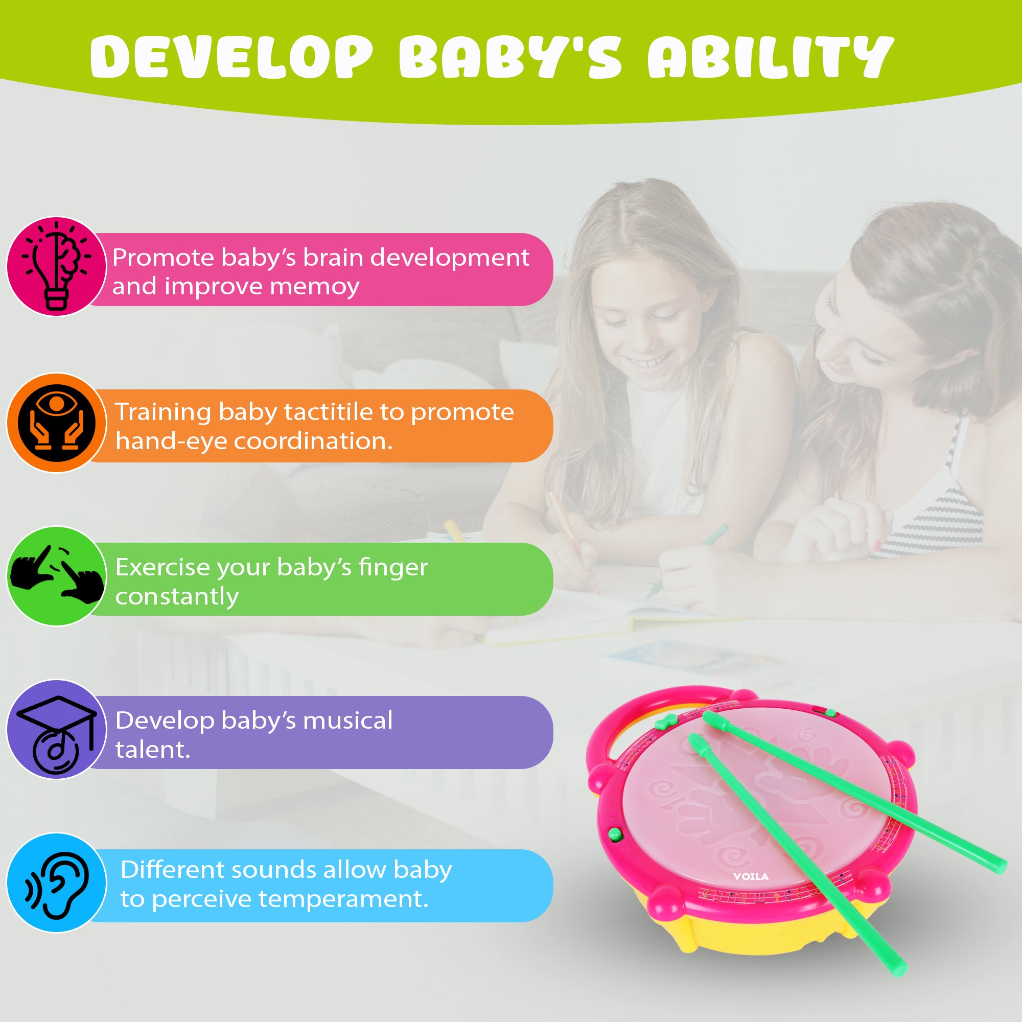 VOILA Flash Drum Toy with Flashing Lights & Musical Sounds -Educational Learning Instrument for Boys & Girls