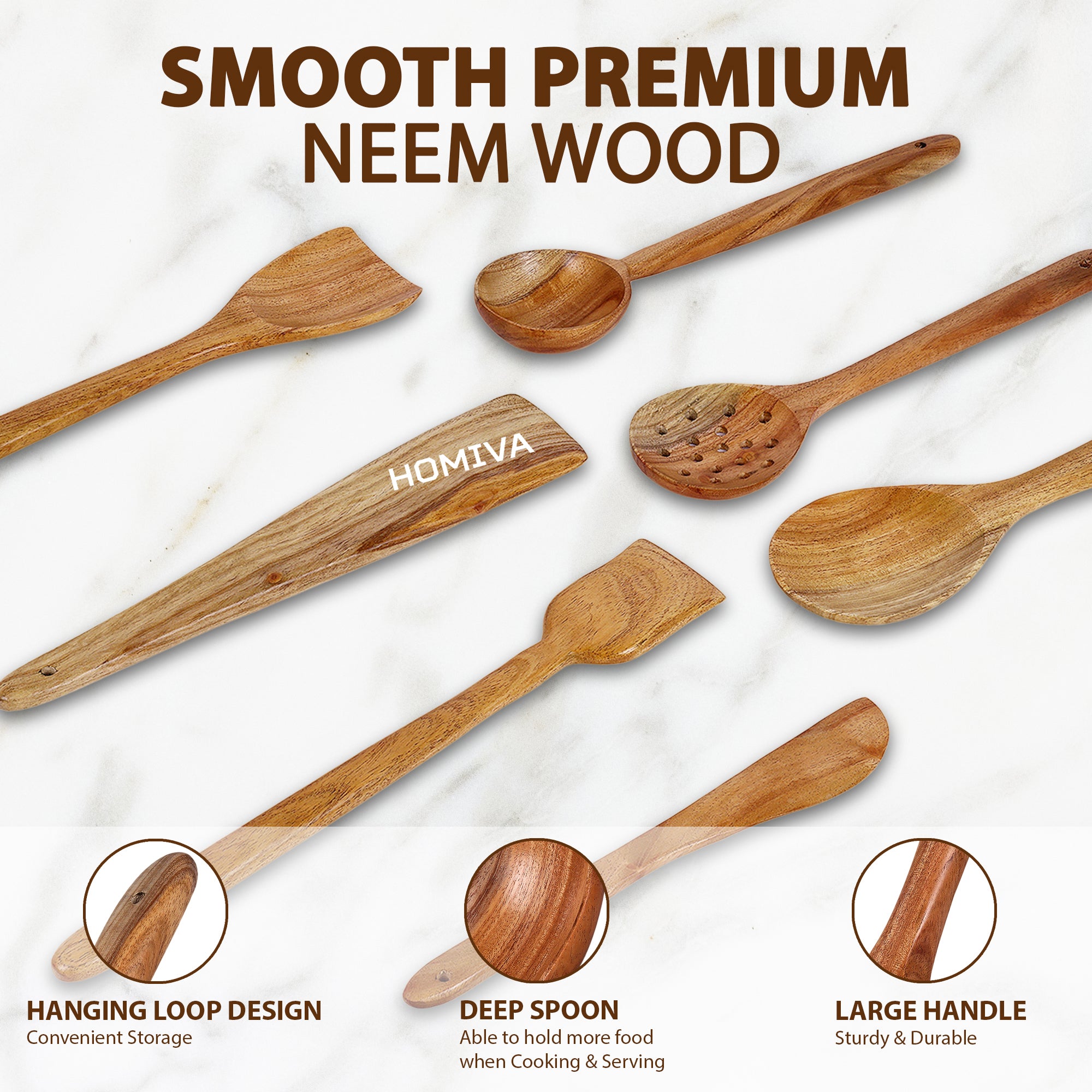 HOMIVA Neem Wood Spatula 7-Pcs Set, Non-Stick Safe Cooking Utensils (Spreader, Fish Spatula, Scraping Spatula, Spoon Spatula, Slotted Spatula, Serving Spatula & Soup Spatula )